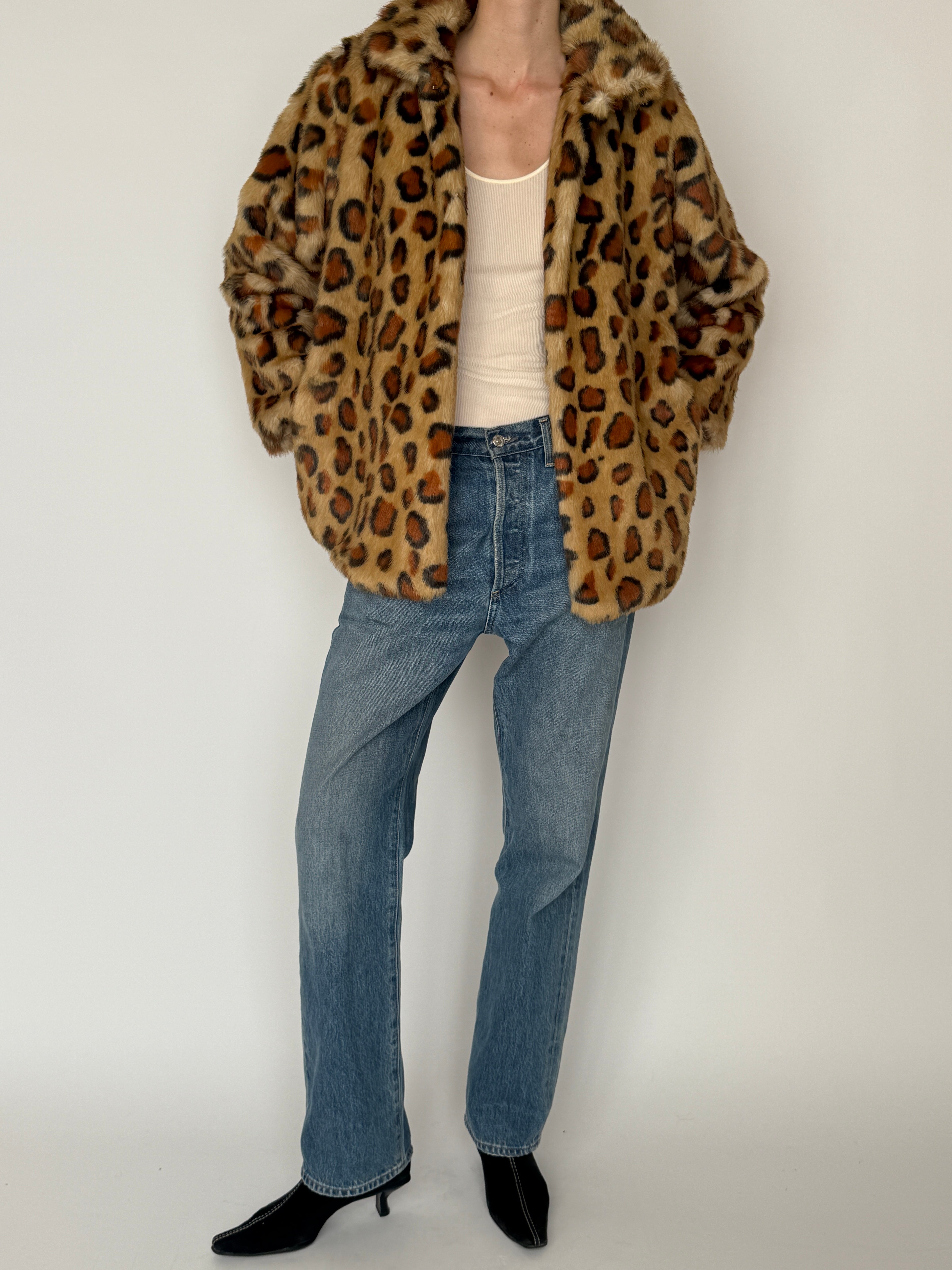 Vintage brown leopard faux fur jacket full length