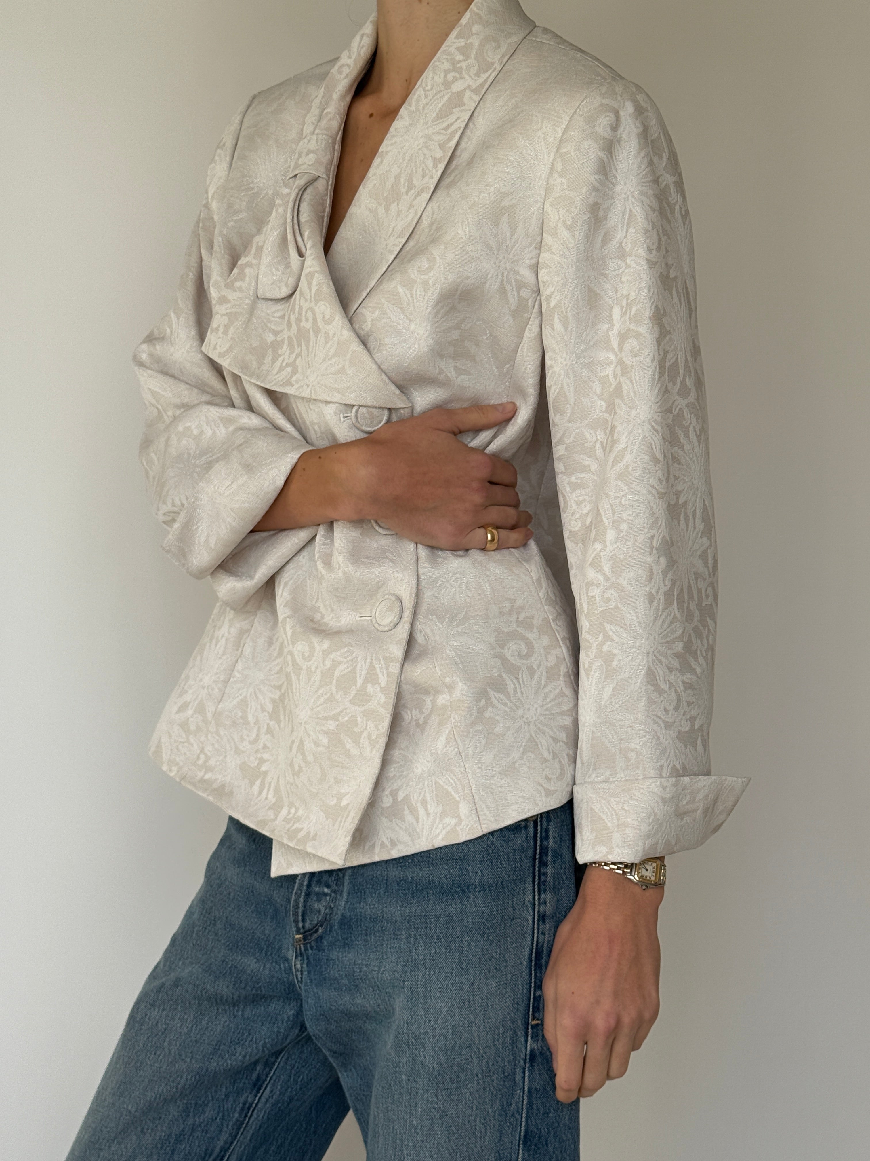 Vintage Ivory Jacquard Wrap Blazer 7023