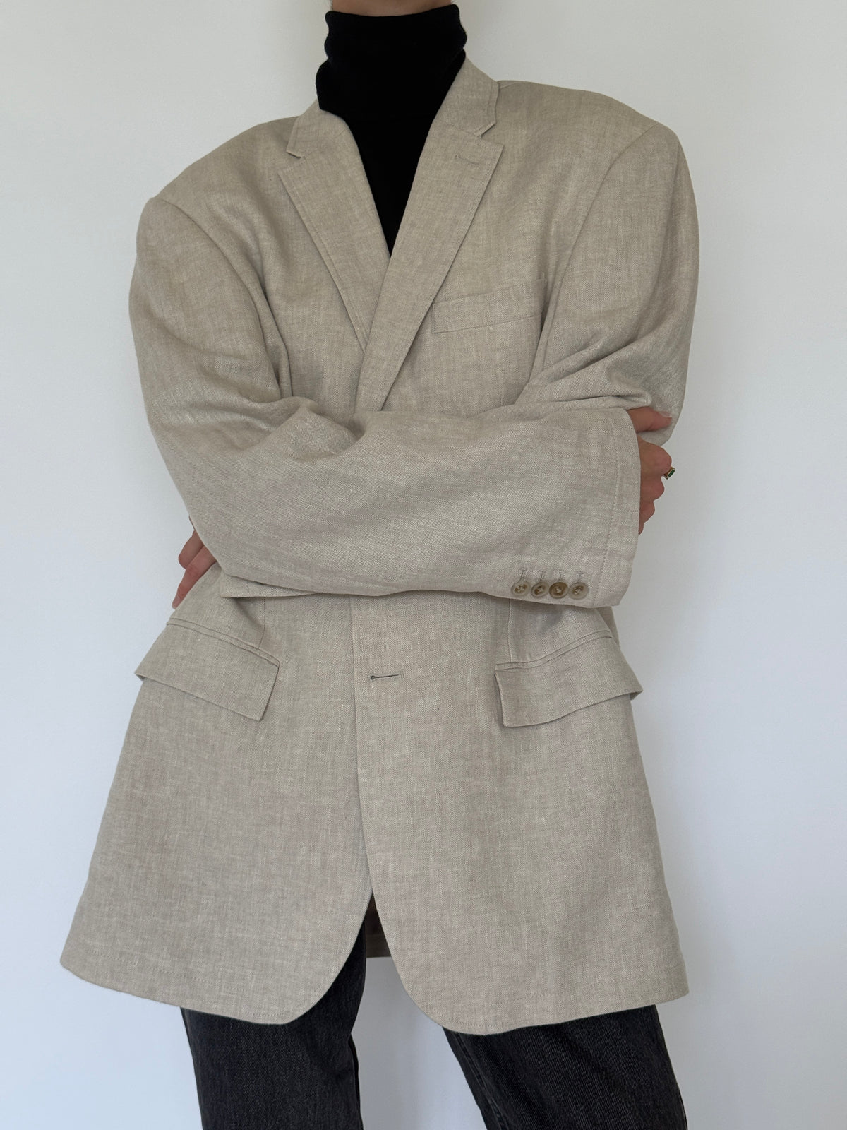 Vintage Linen & Cotton Oversized Blazer in Beige 6601