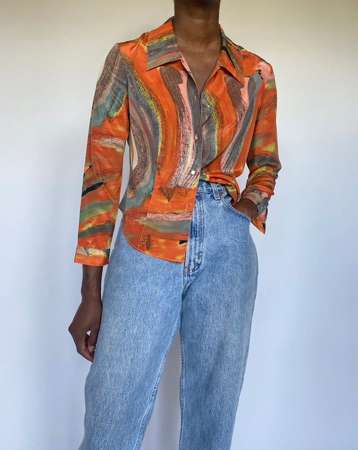 VINTAGE ORANGE PRINTED BUTTON DOWN BLOUSE 3544