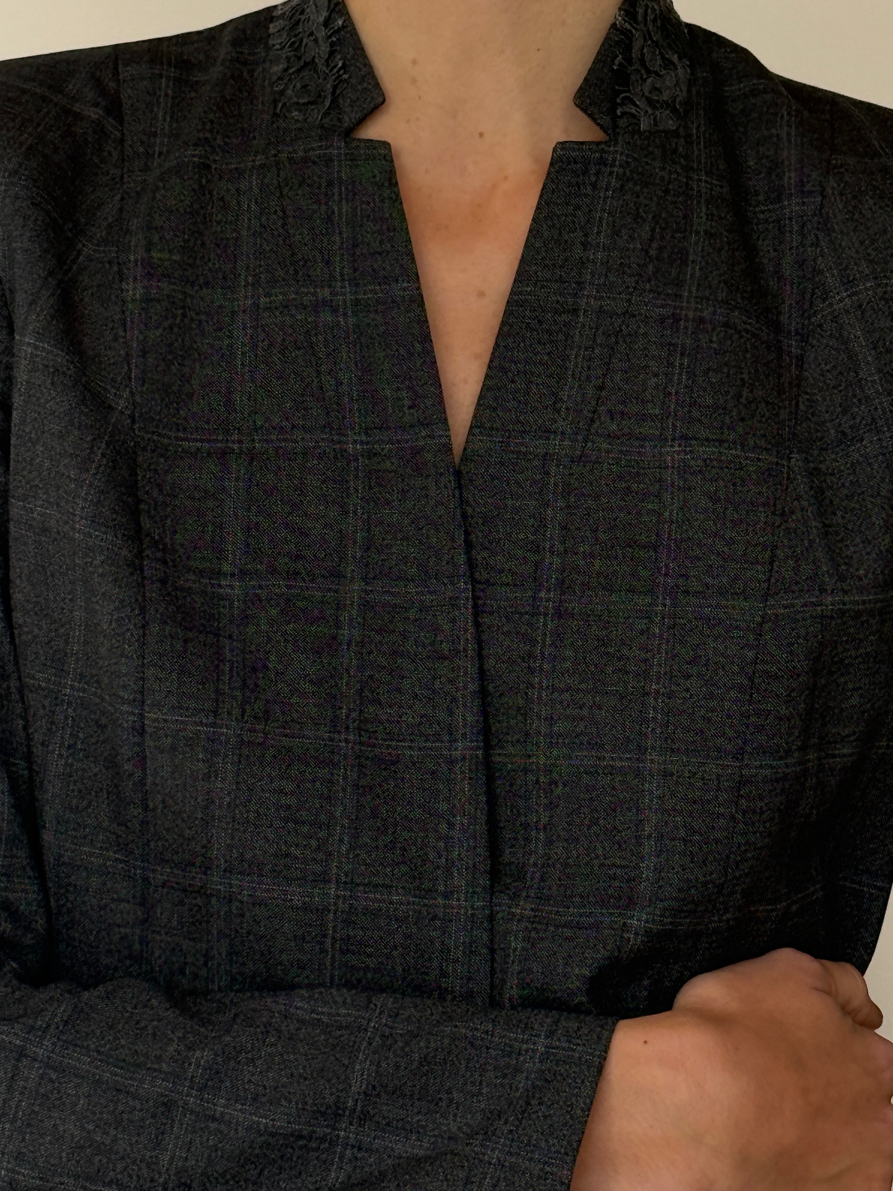 Vintage Grey Plaid Lace-Detail Blazer 7024