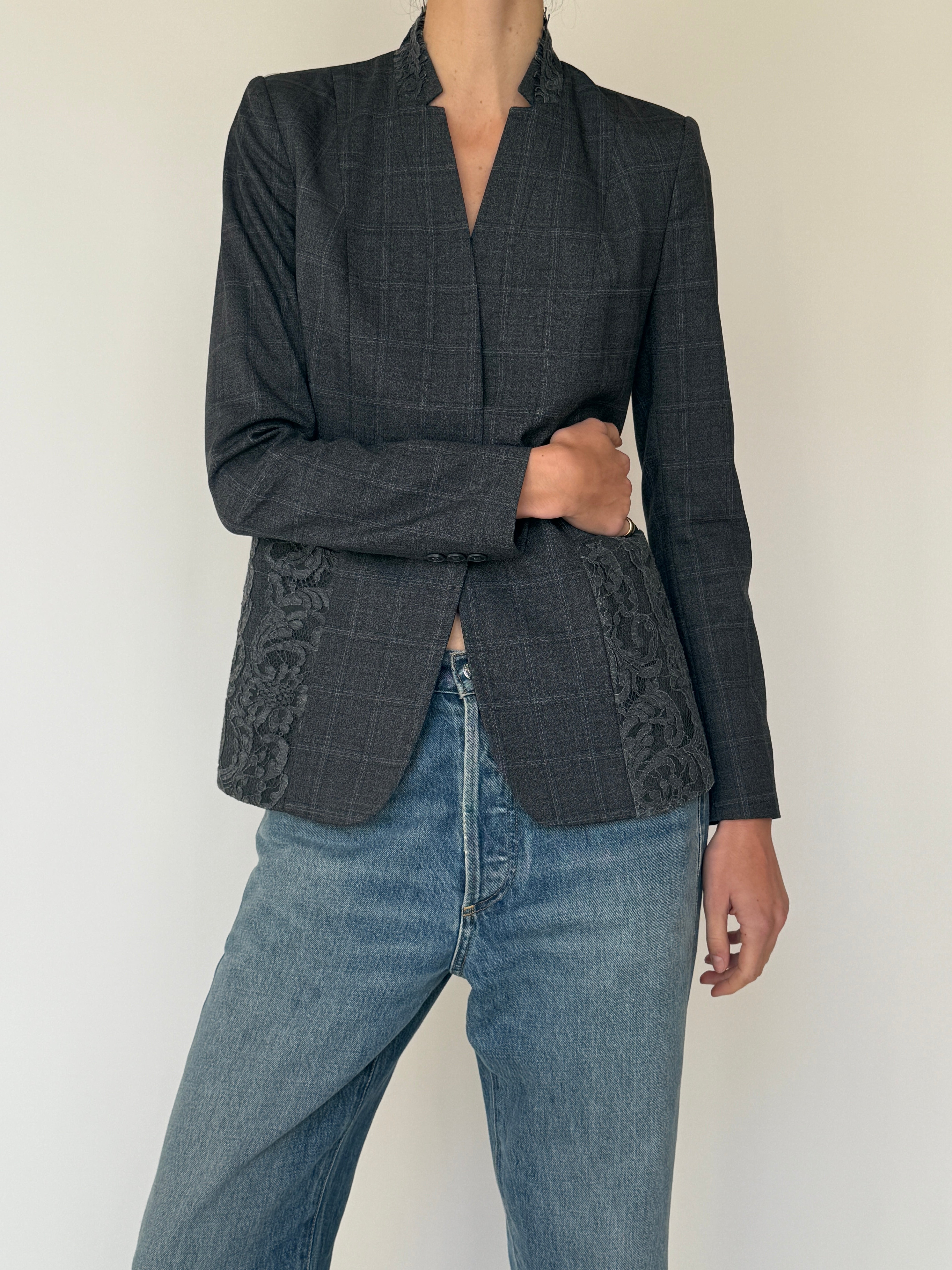Vintage Grey Plaid Lace-Detail Blazer 7024