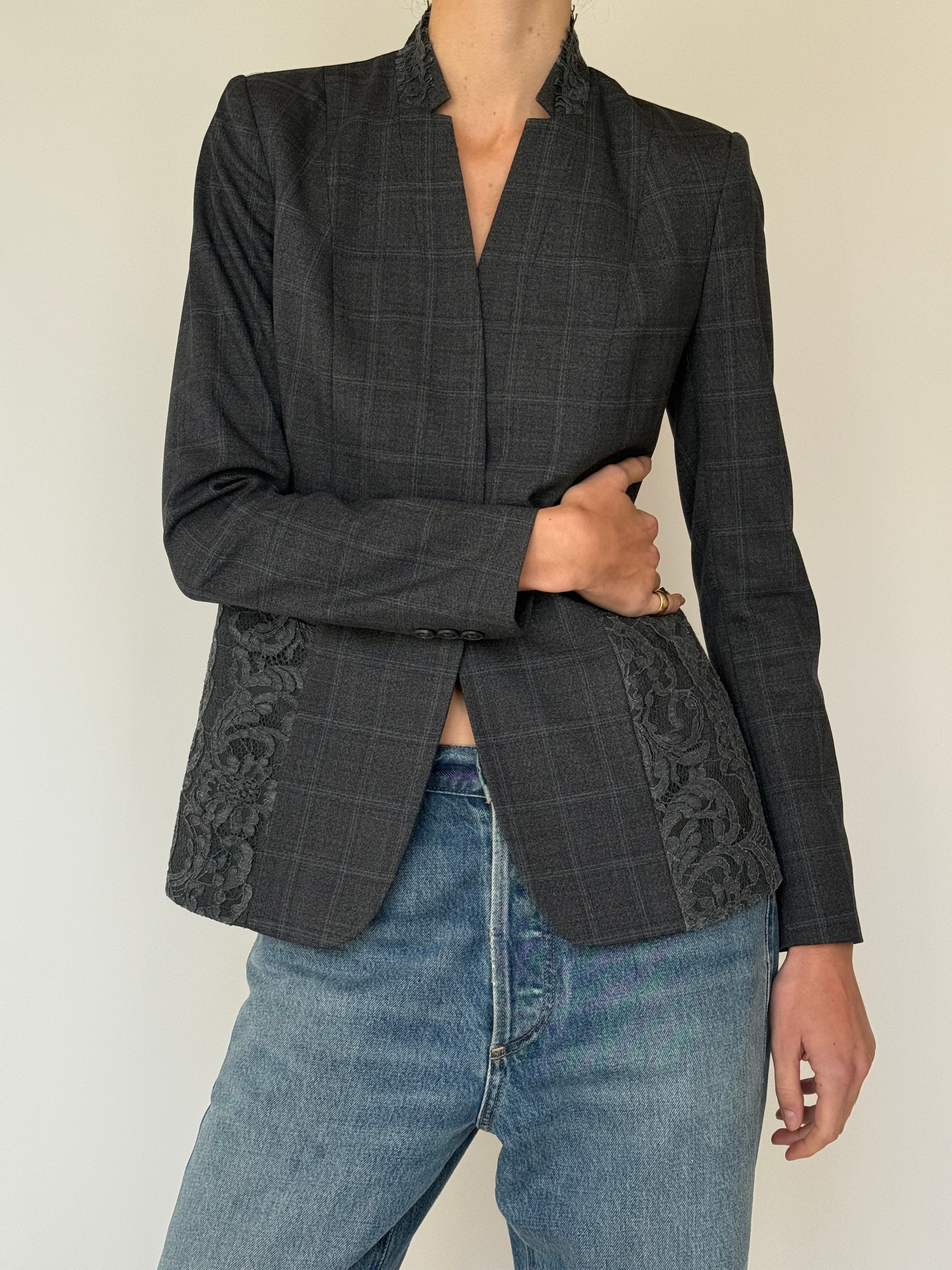 Vintage Grey Plaid Lace-Detail Blazer 7024