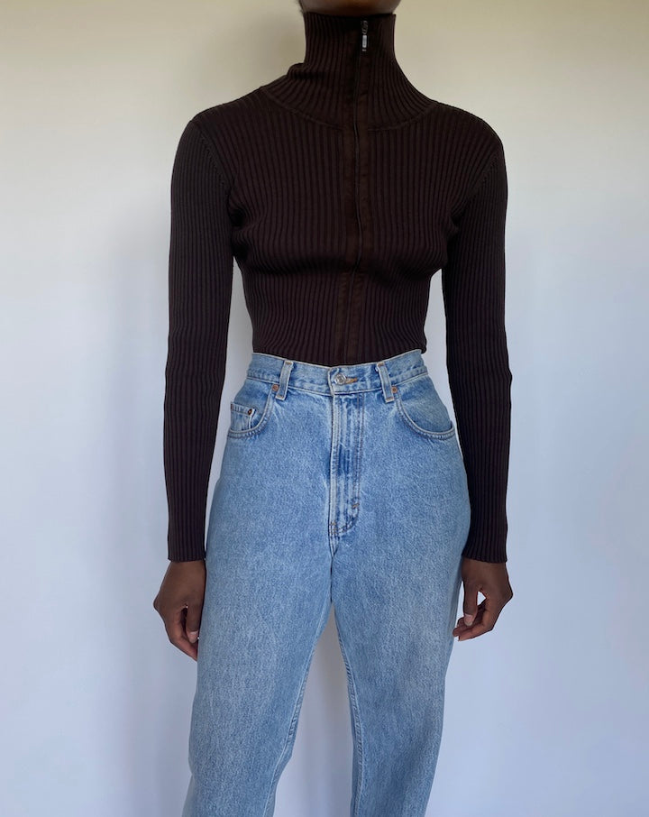 VINTAGE DARK BROWN RIBBED LONG SLEEVE SHIRT 3545