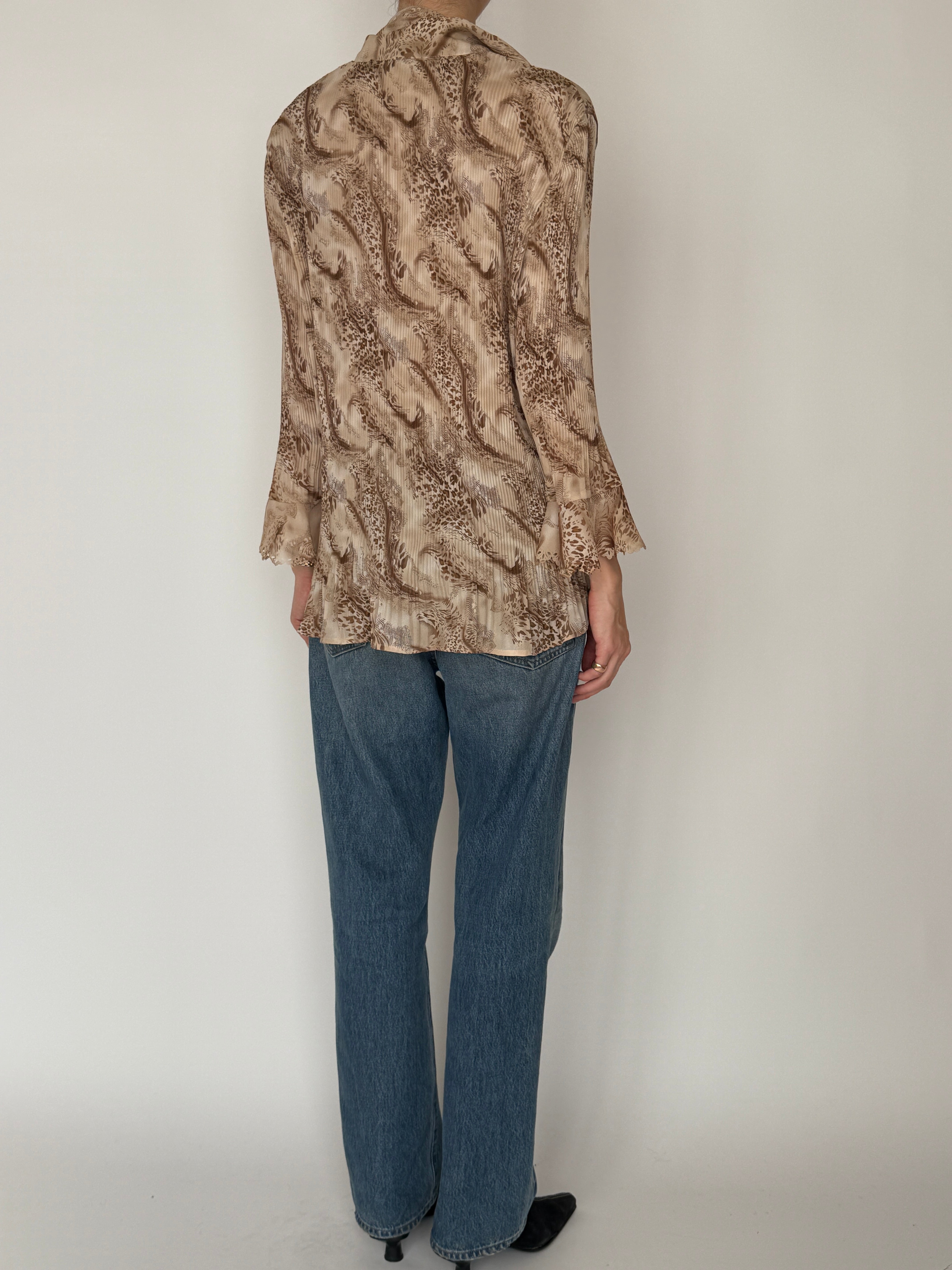 Vintage sheer pleated blouse neutral beige brown back view
