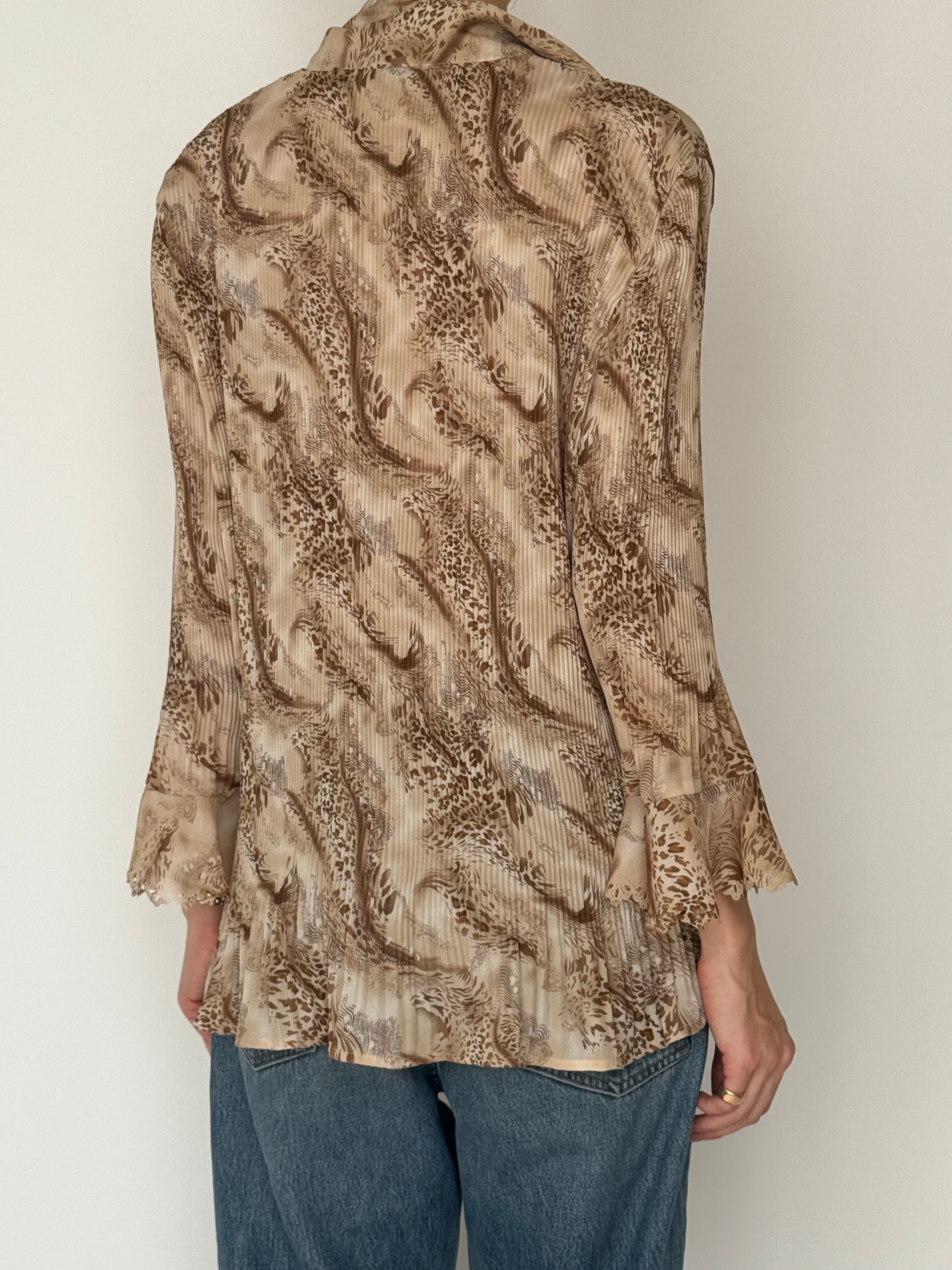 Vintage sheer pleated blouse neutral beige brown back view