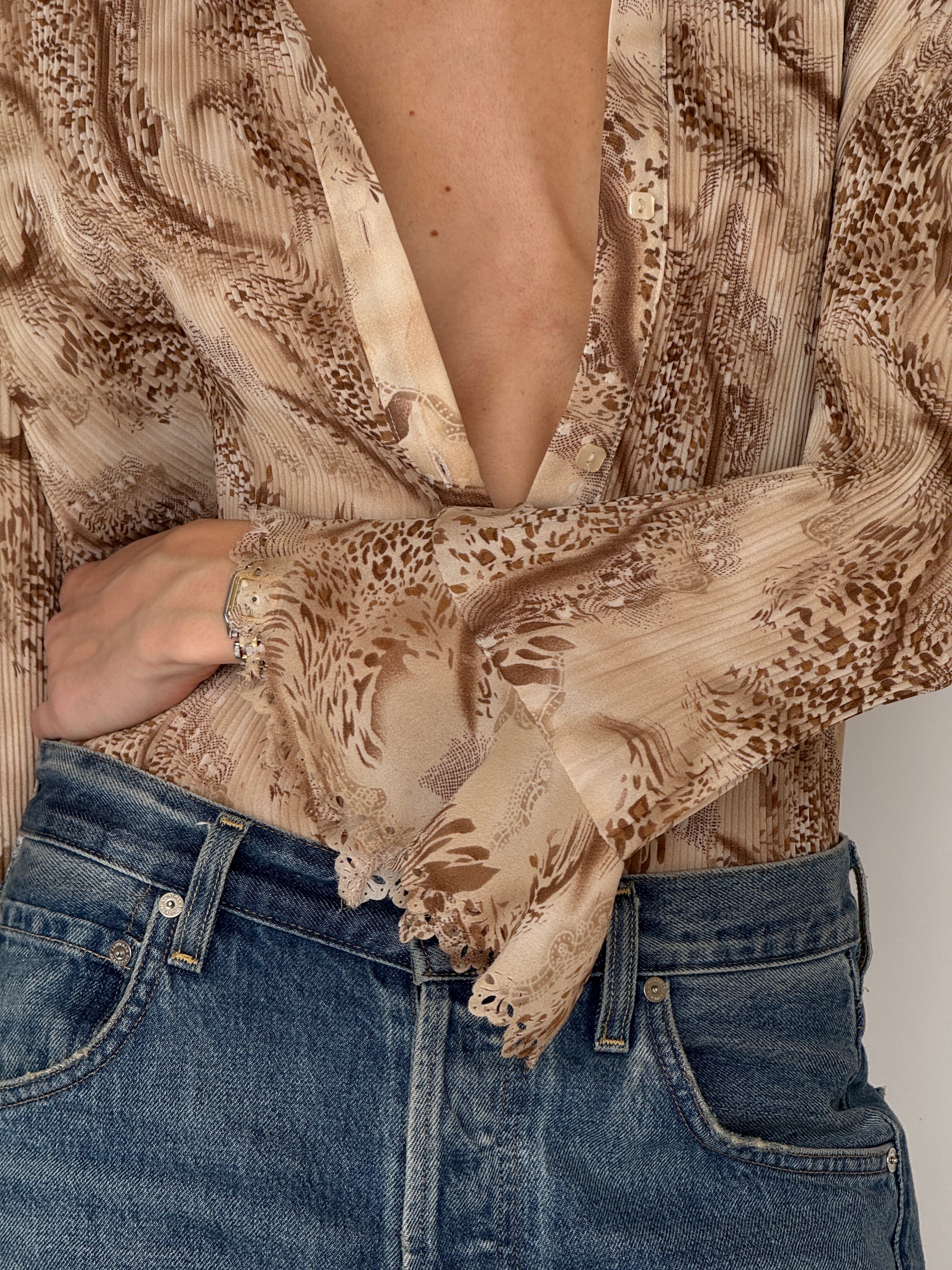Vintage sheer pleated blouse fabric close-up