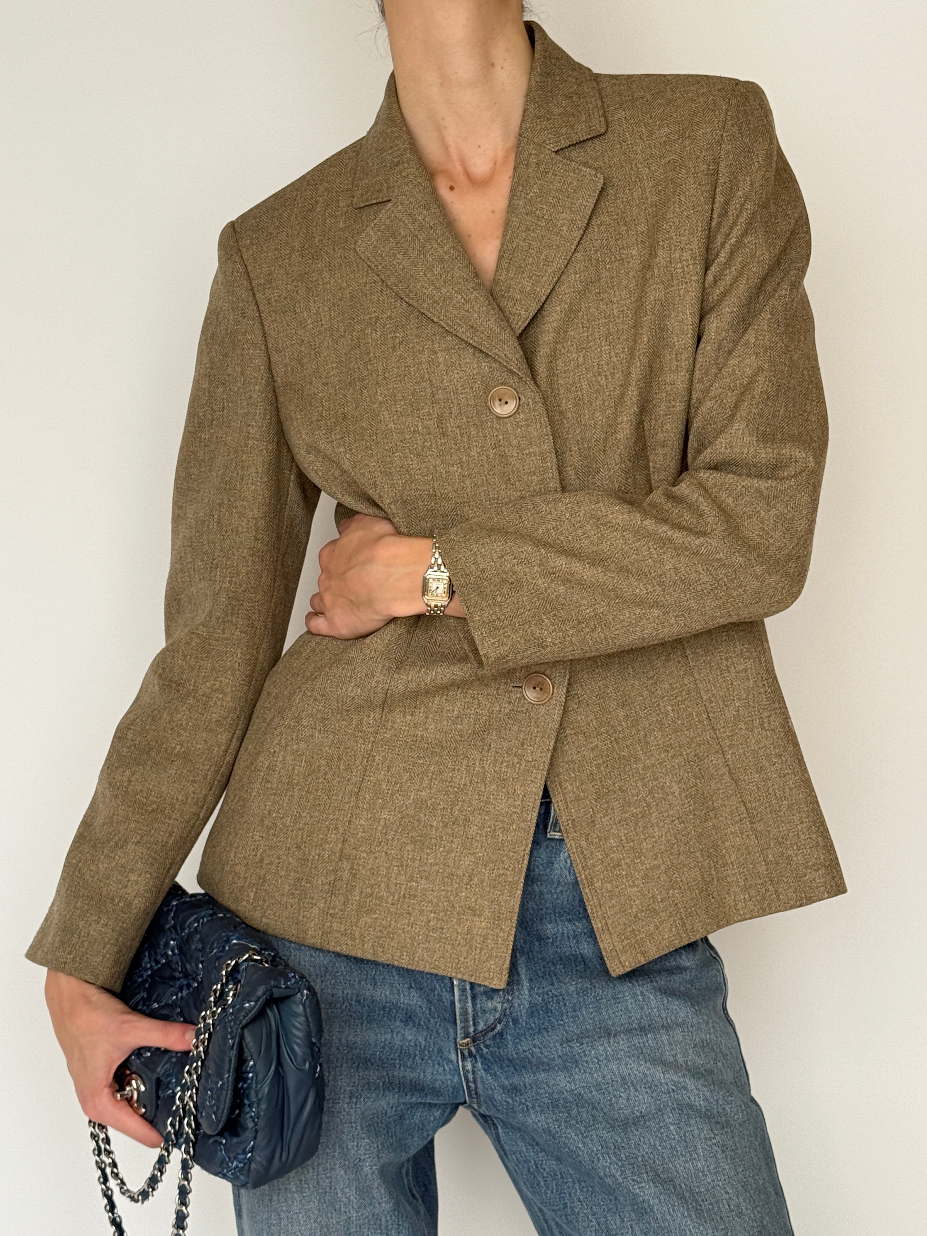 Vintage brown herringbone blazer front view