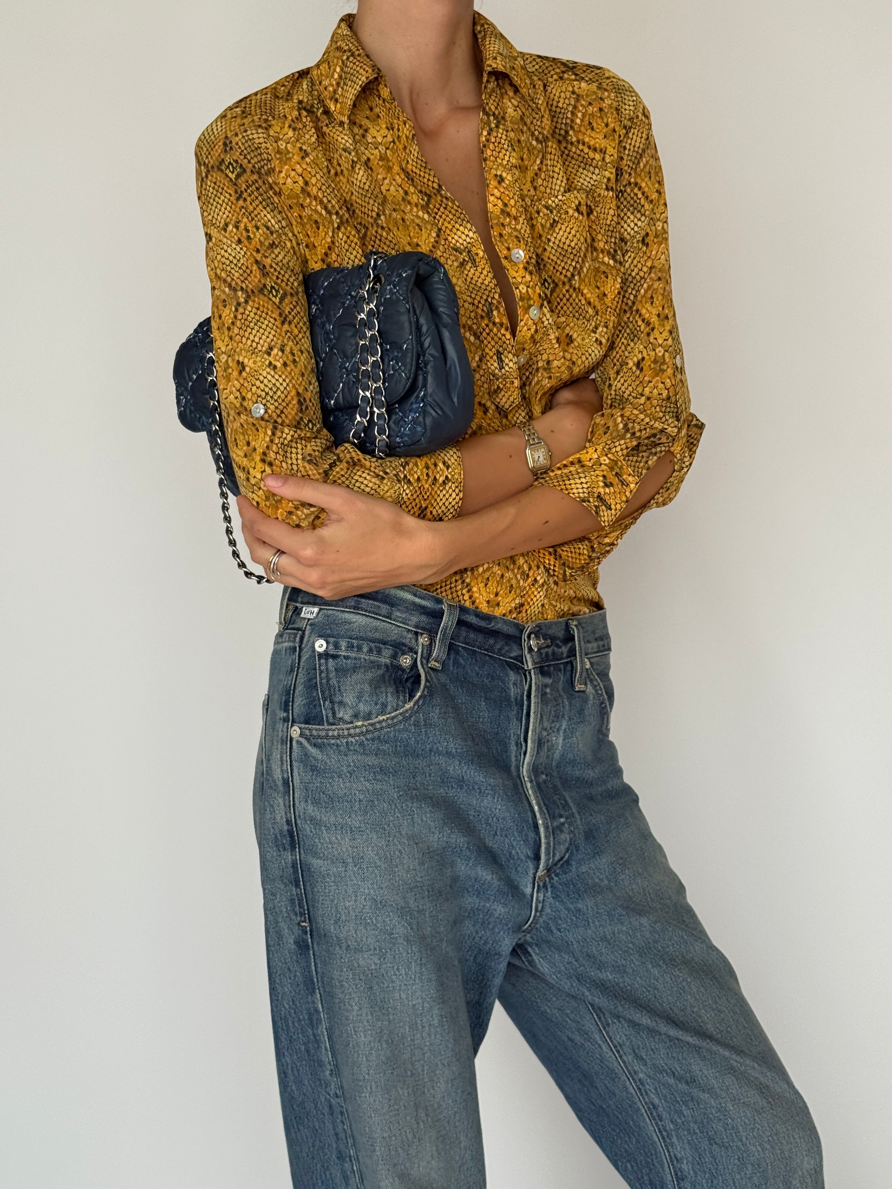 Vintage Snake-Print Button-Up Blouse Yellow
