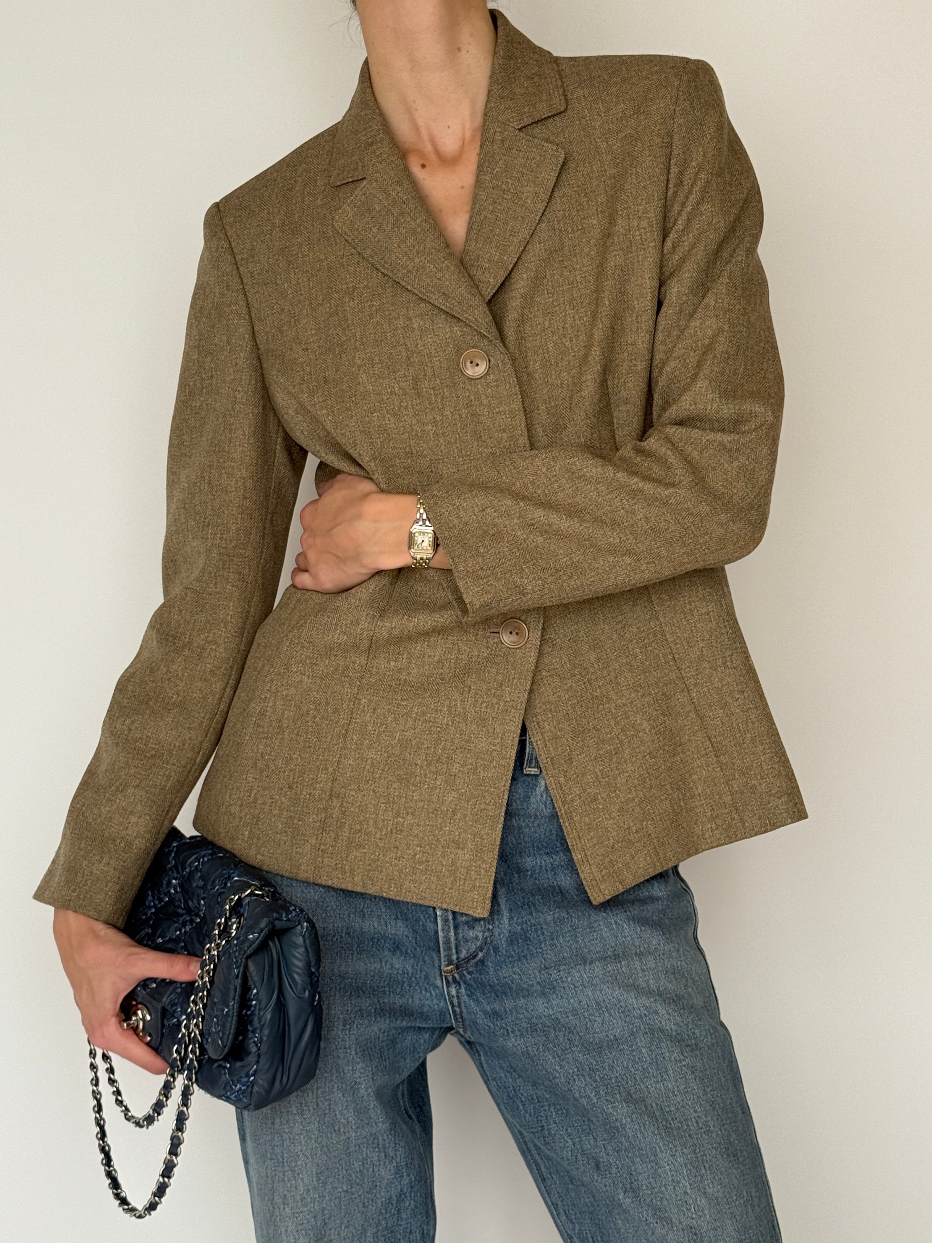 Vintage brown blazer button detail herringbone