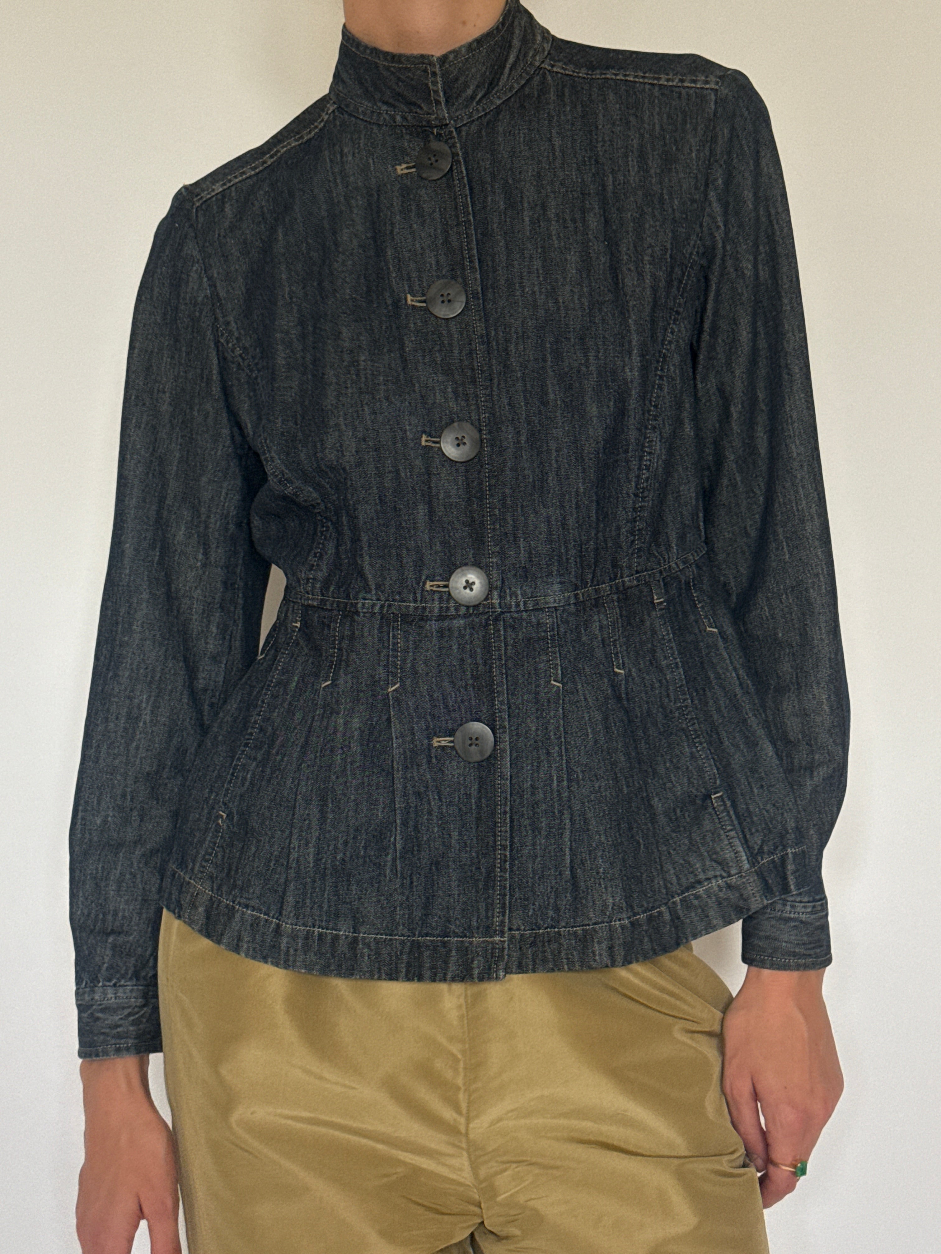 Vintage blue sculpted denim jacket front view