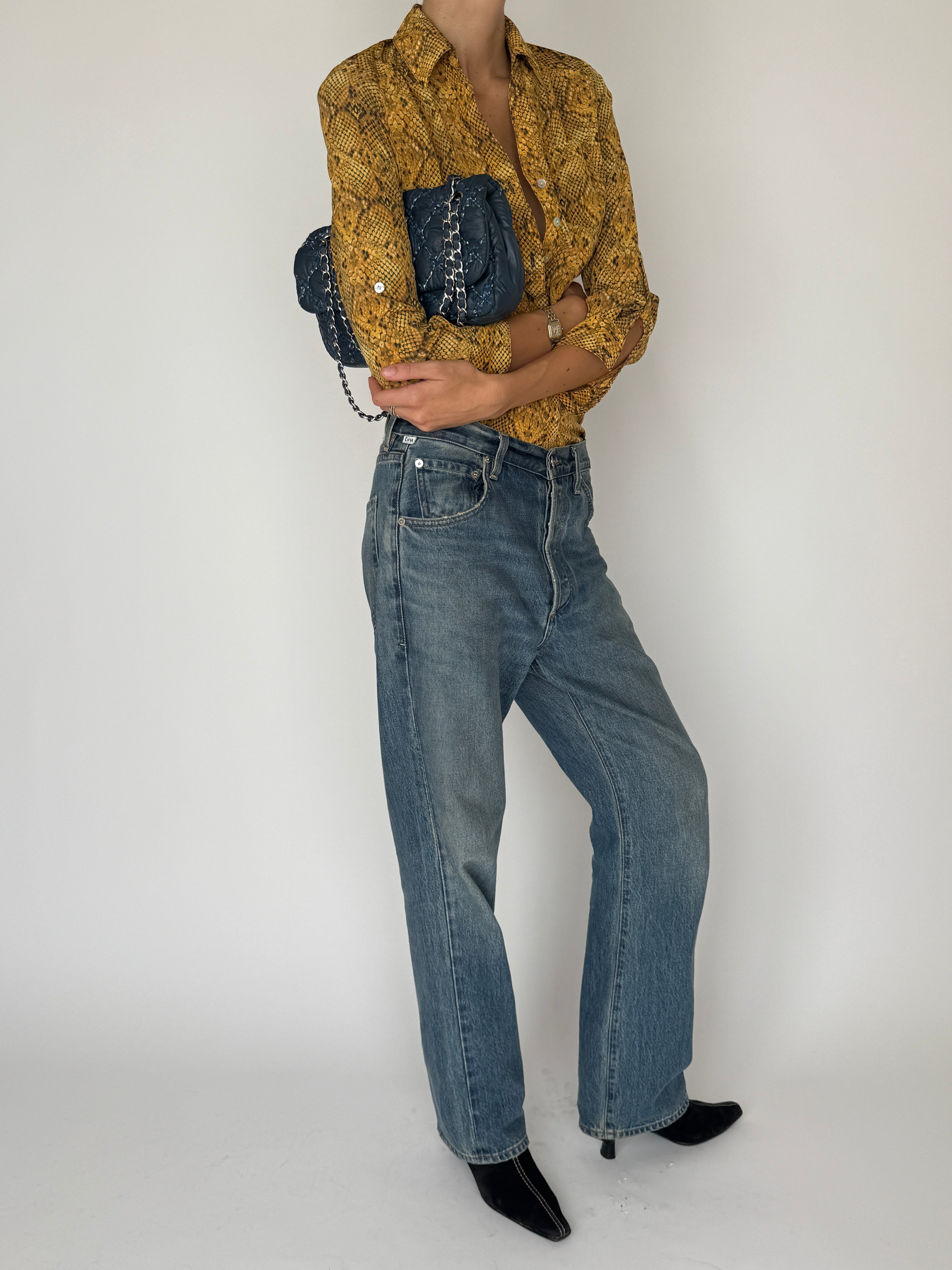 Vintage Snake-Print Button-Up Blouse Yellow