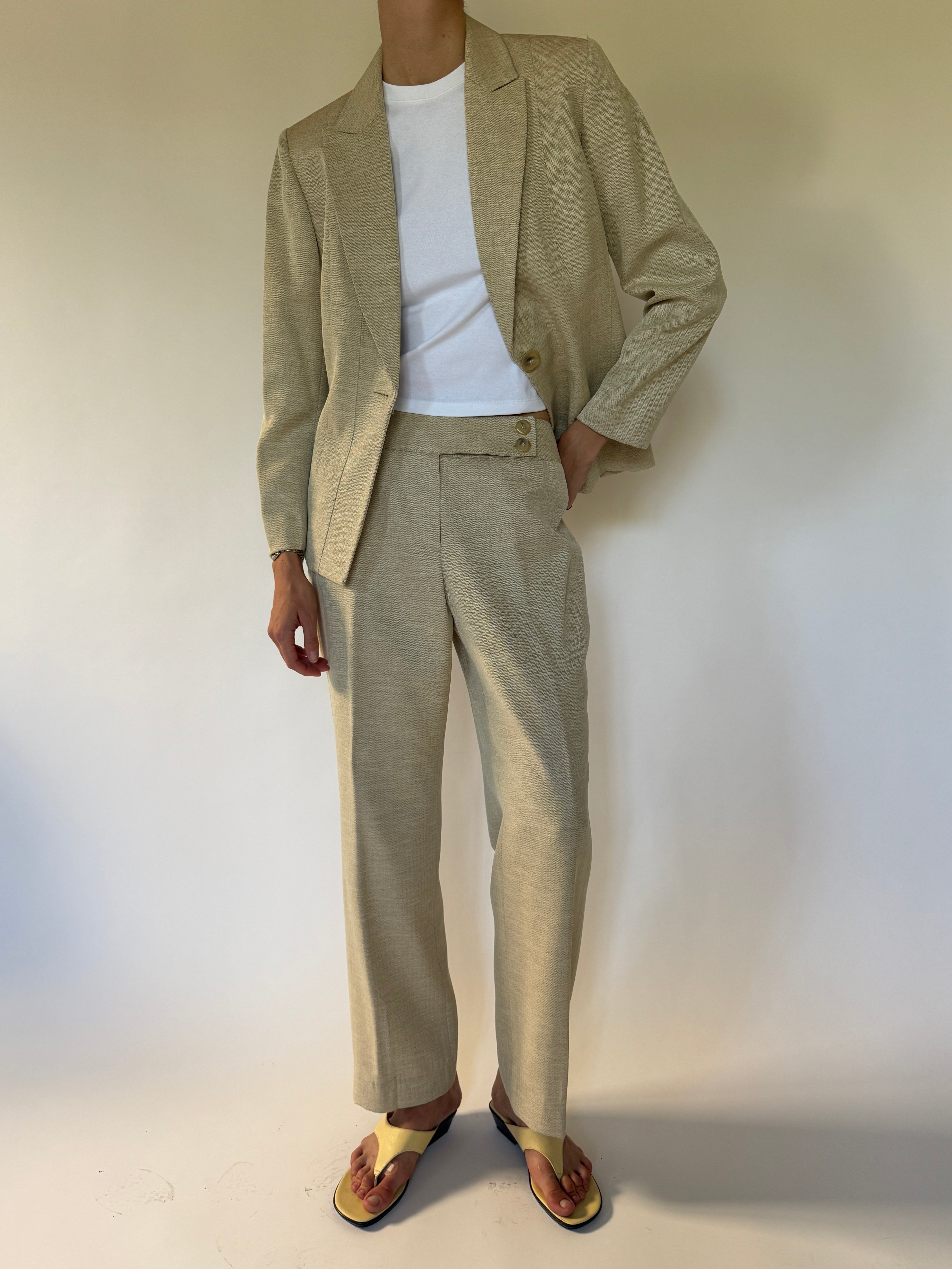 Vintage beige two-piece pant suit front view