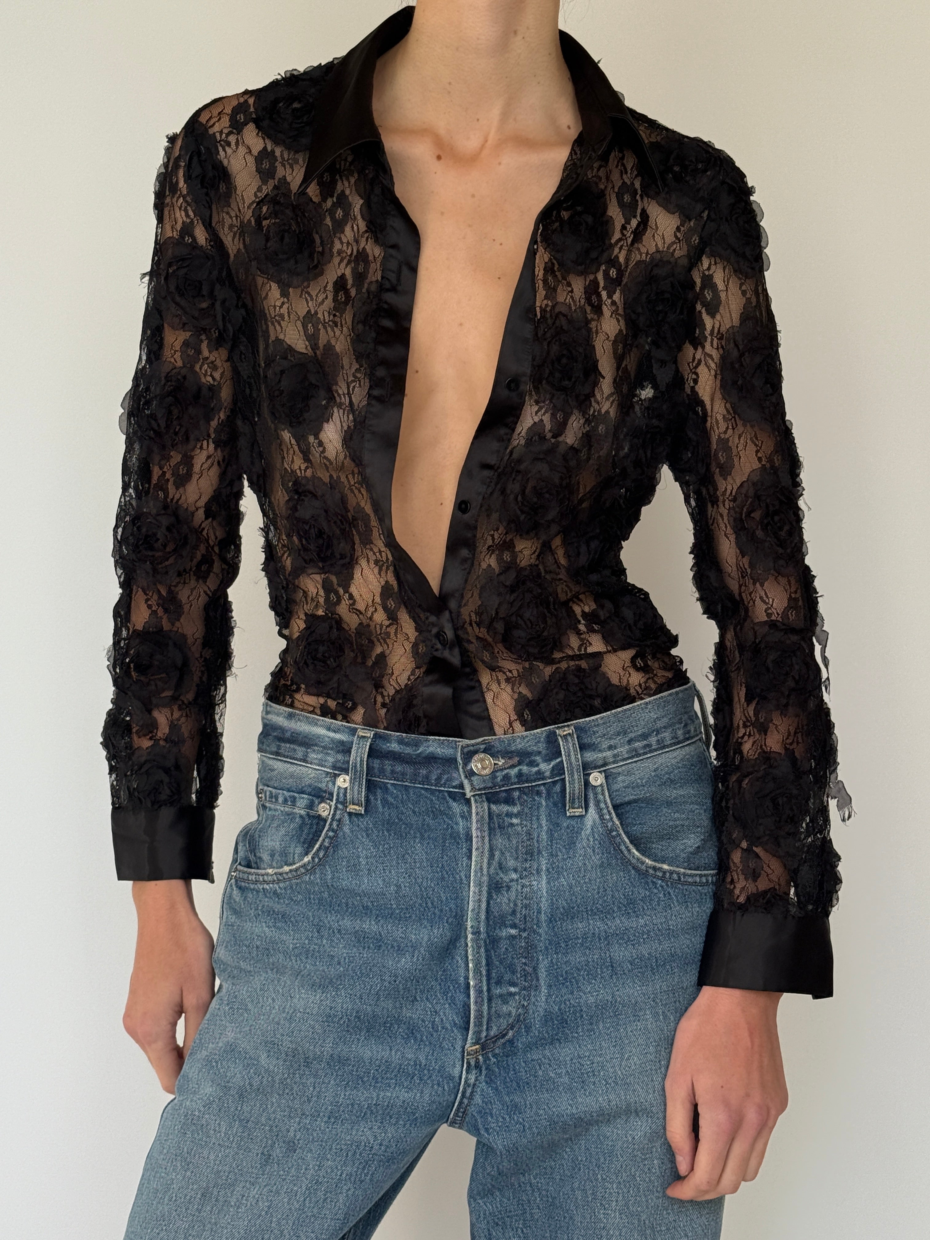 Vintage Sheer Lace Button-Up Top Black 7026