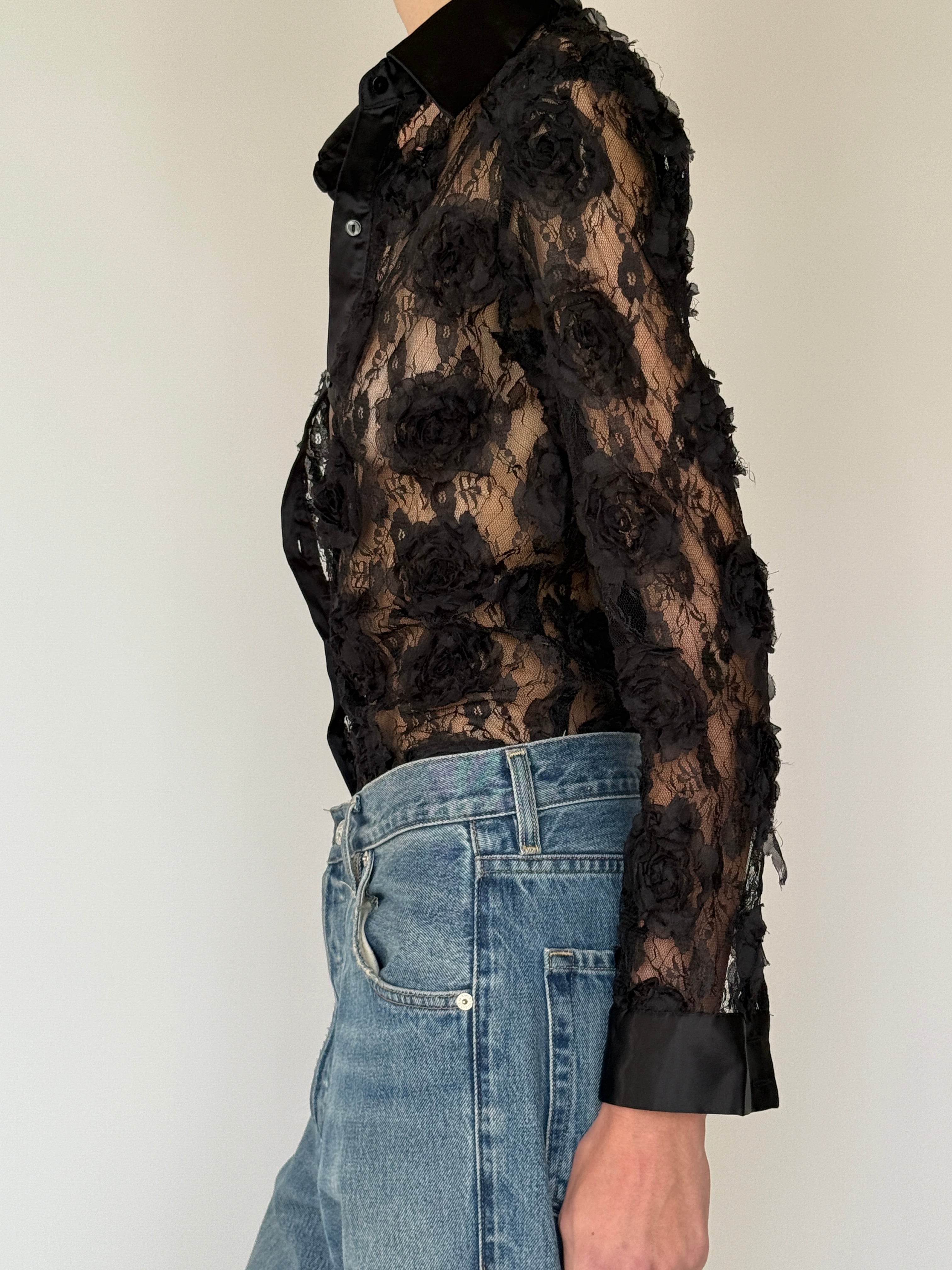 Vintage Sheer Lace Button-Up Top Black 7026