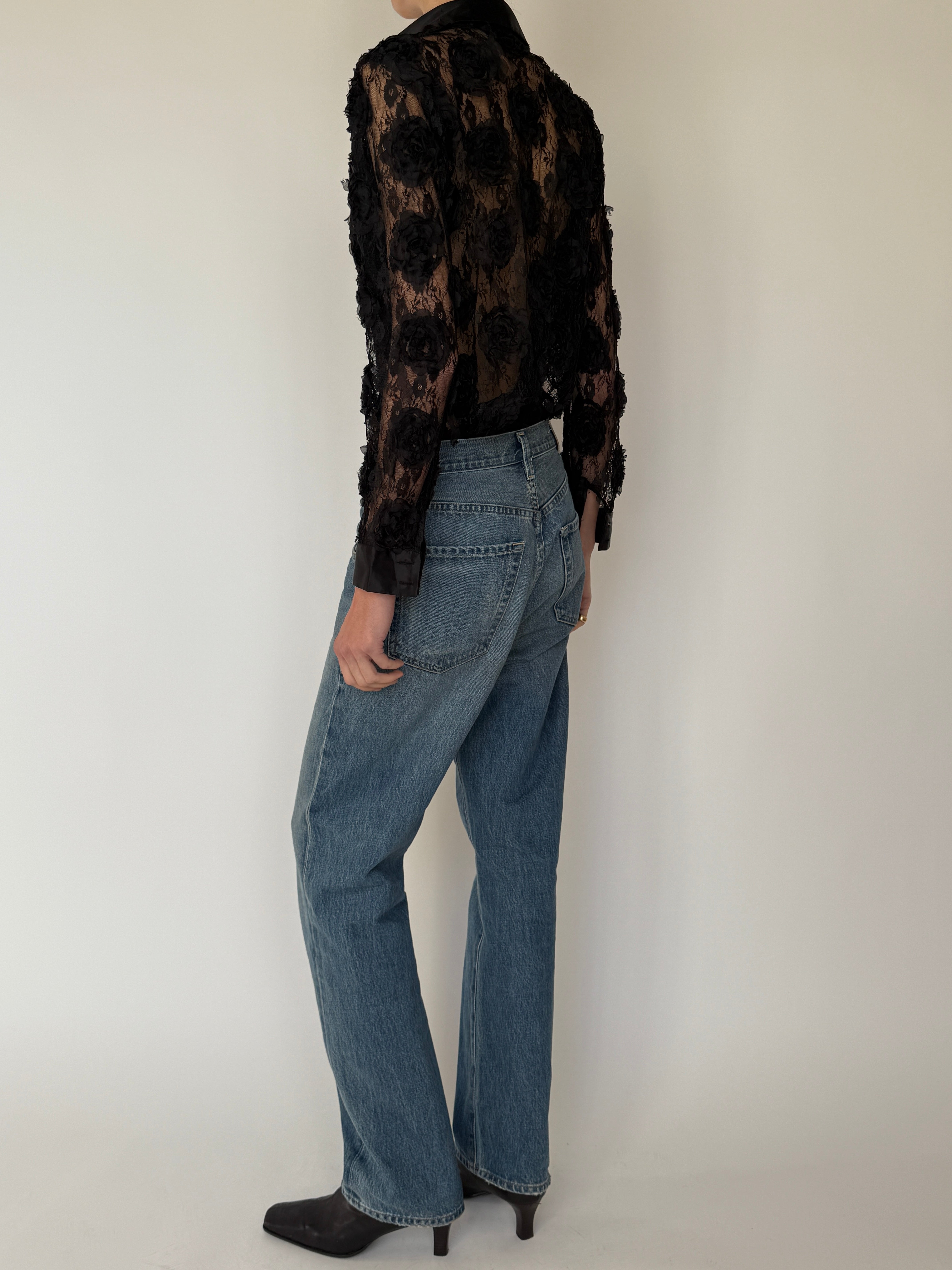 Vintage Sheer Lace Button-Up Top Black 7026