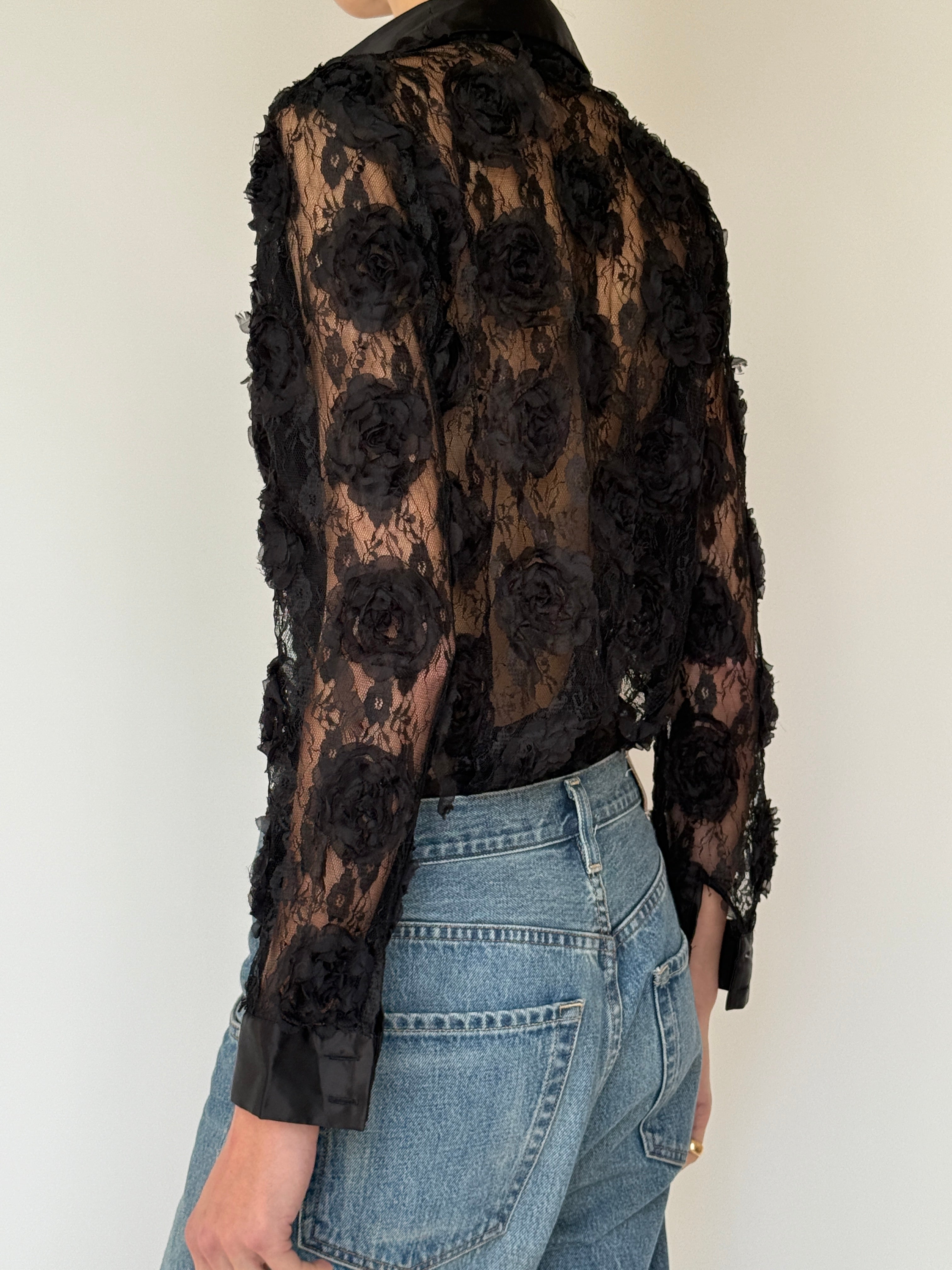 Vintage Sheer Lace Button-Up Top Black 7026