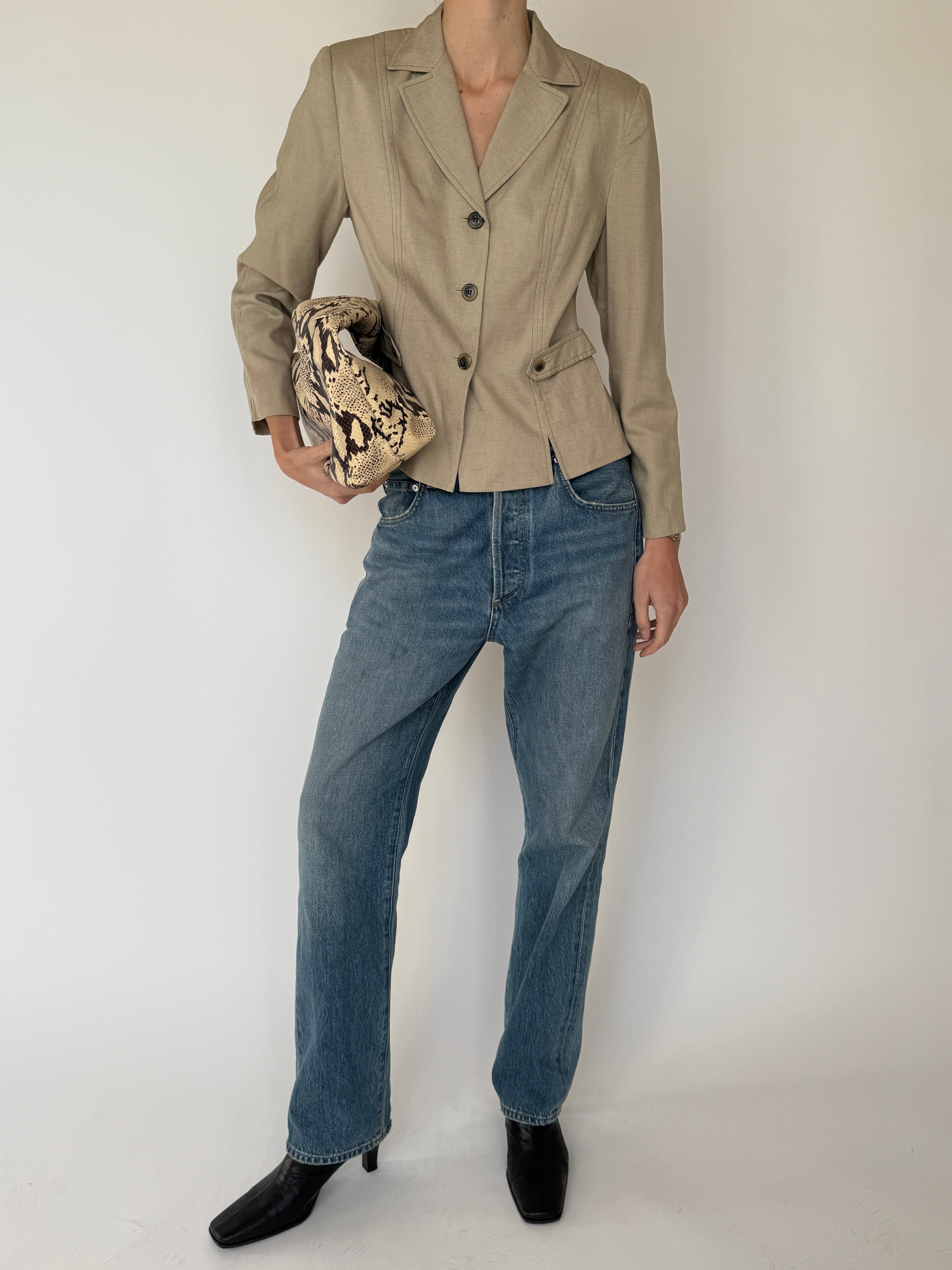 Vintage Linen-Blend Tailored Blazer Tan 7027