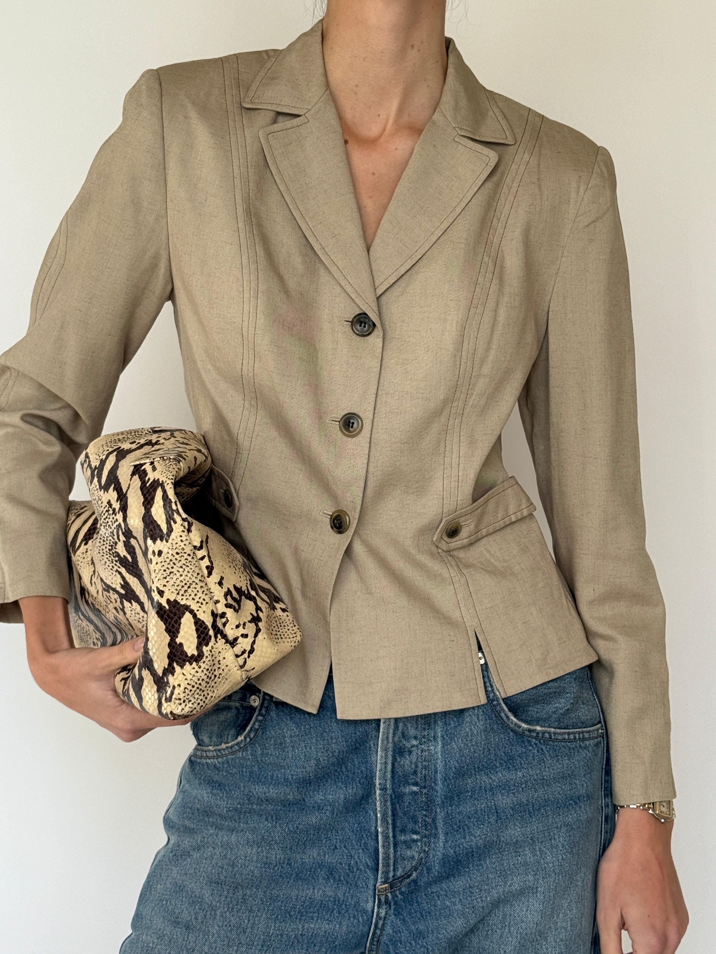 Vintage Linen-Blend Tailored Blazer Tan 7027