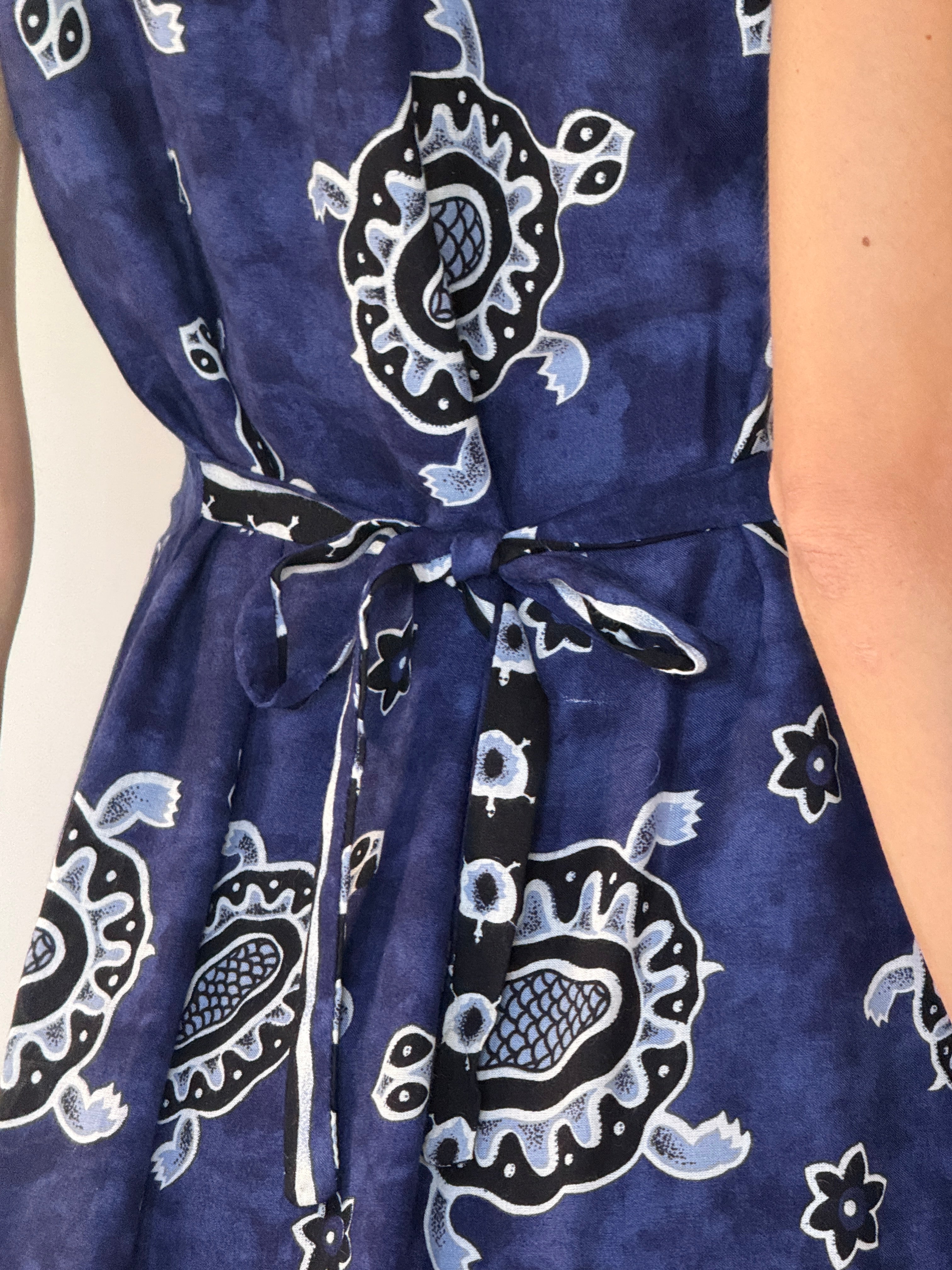 Vintage navy blue turtle-print mini dress back view