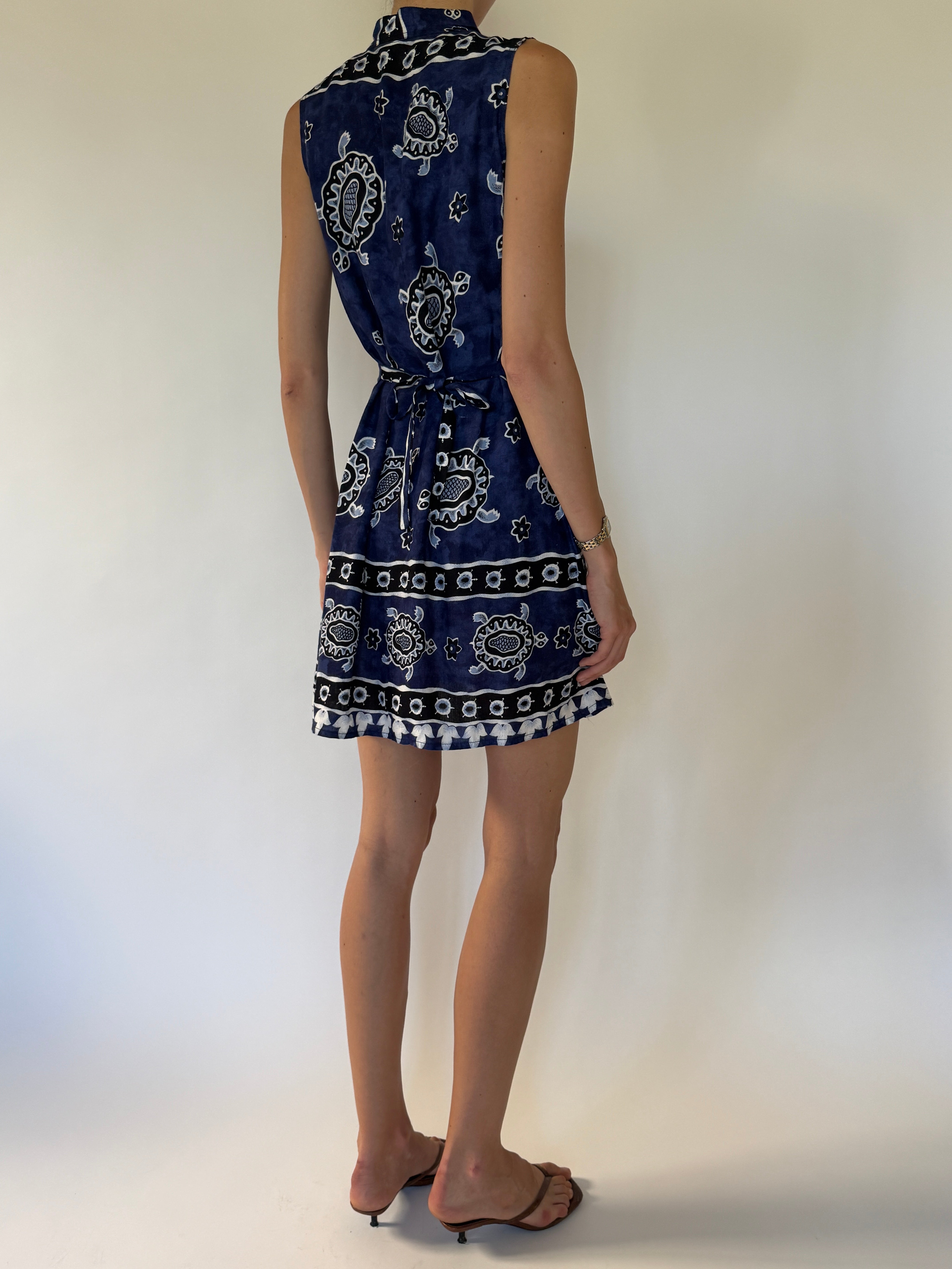 Vintage navy blue turtle-print mini dress back view