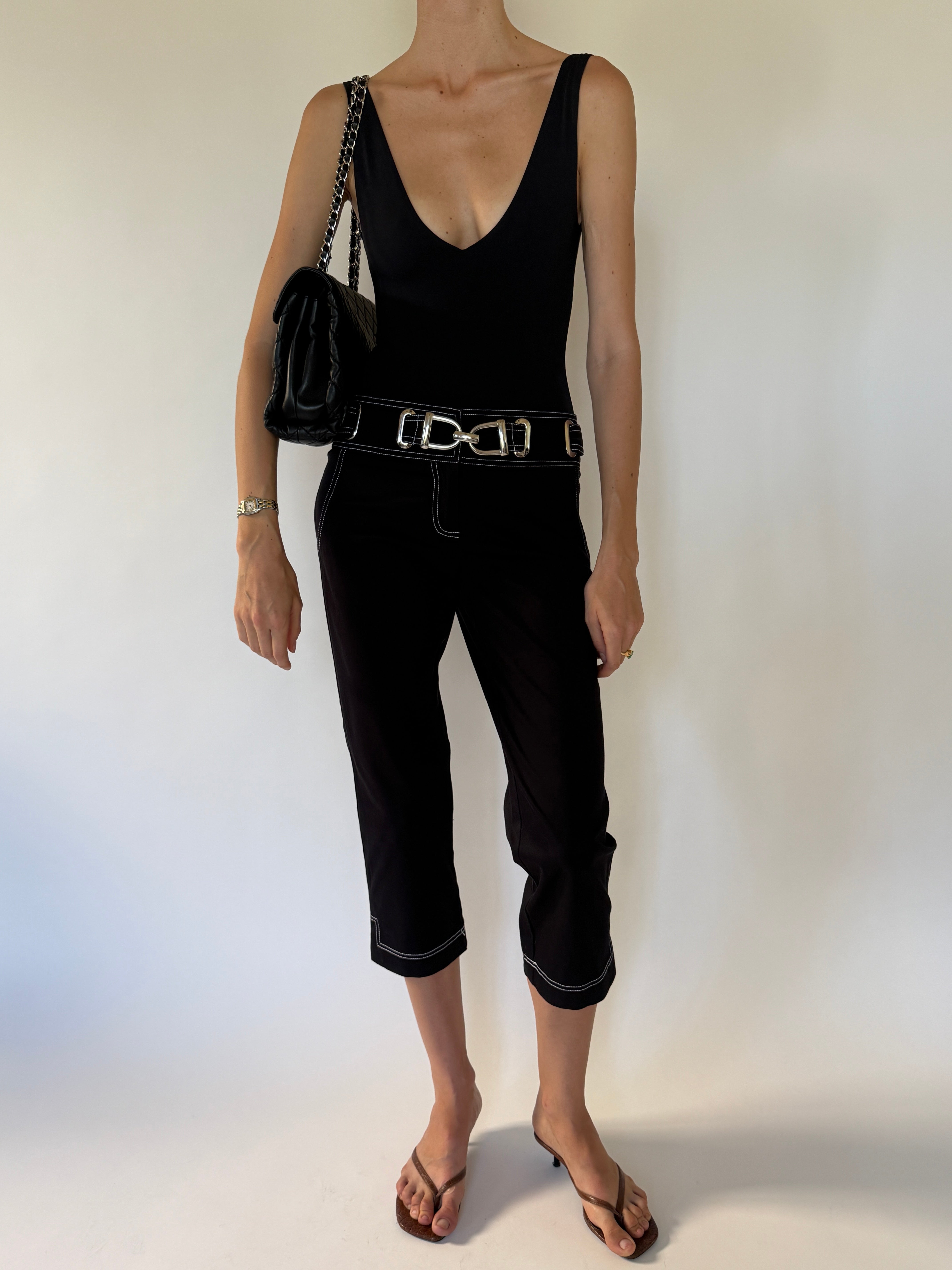 Vintage black contrast stitch capri pants front view