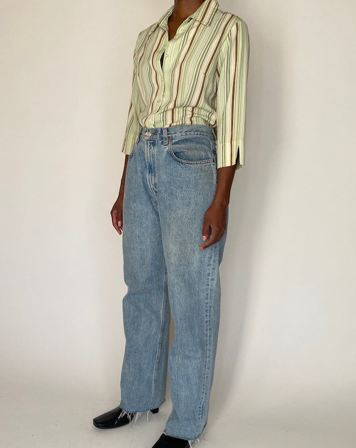 VINTAGE GREEN STRIPED BUTTON DOWN BLOUSE 4077