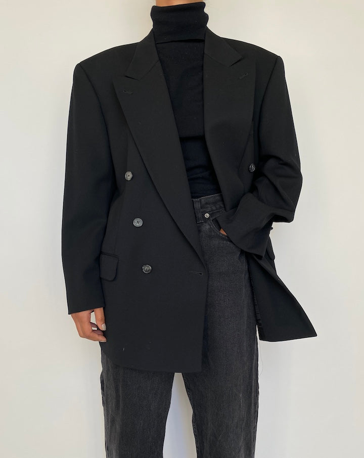 VINTAGE BLACK DOUBLE BREASTED WOOL BLAZER 1839