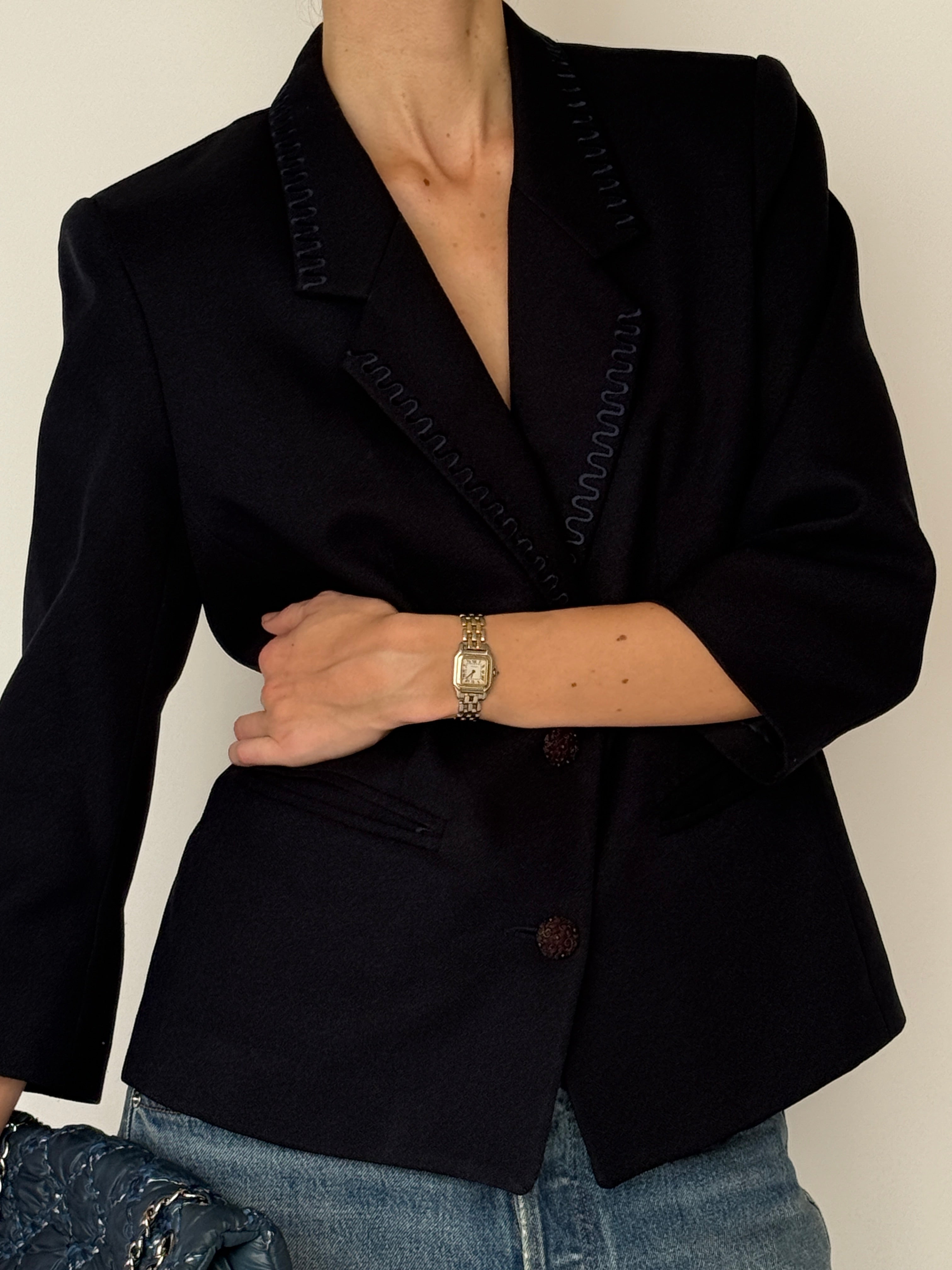 Vintage navy structured blazer with stitched lapels front view