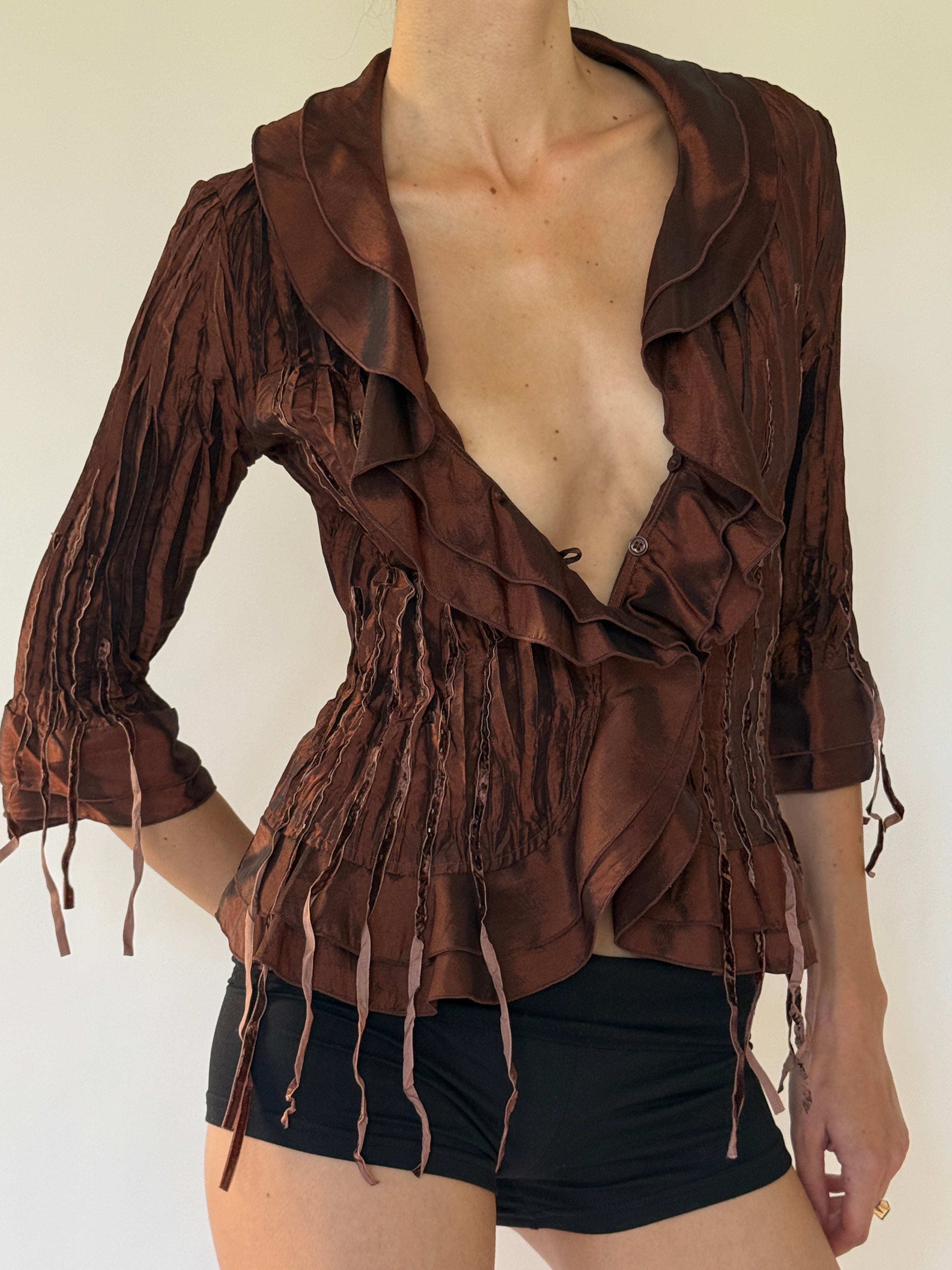 Vintage chocolate brown blouse angled front view
