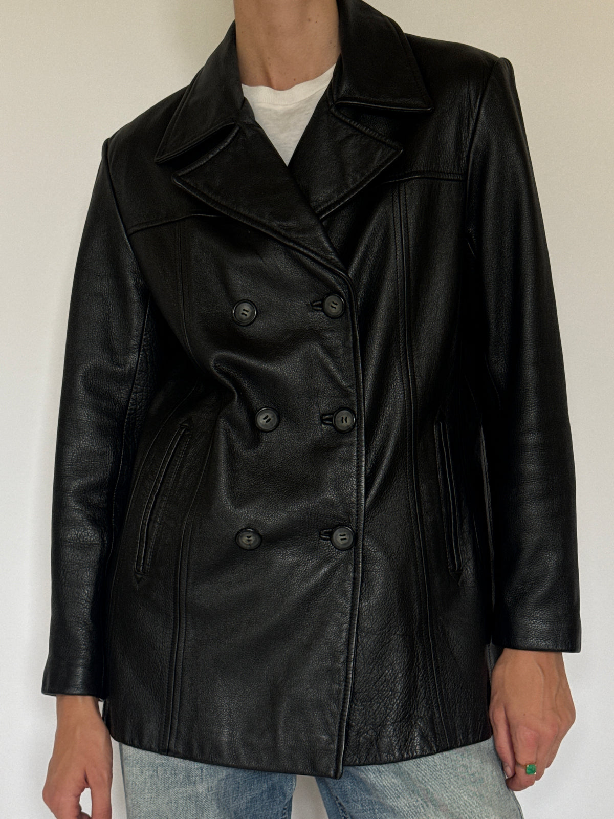 Vintage black leather blazer button detail