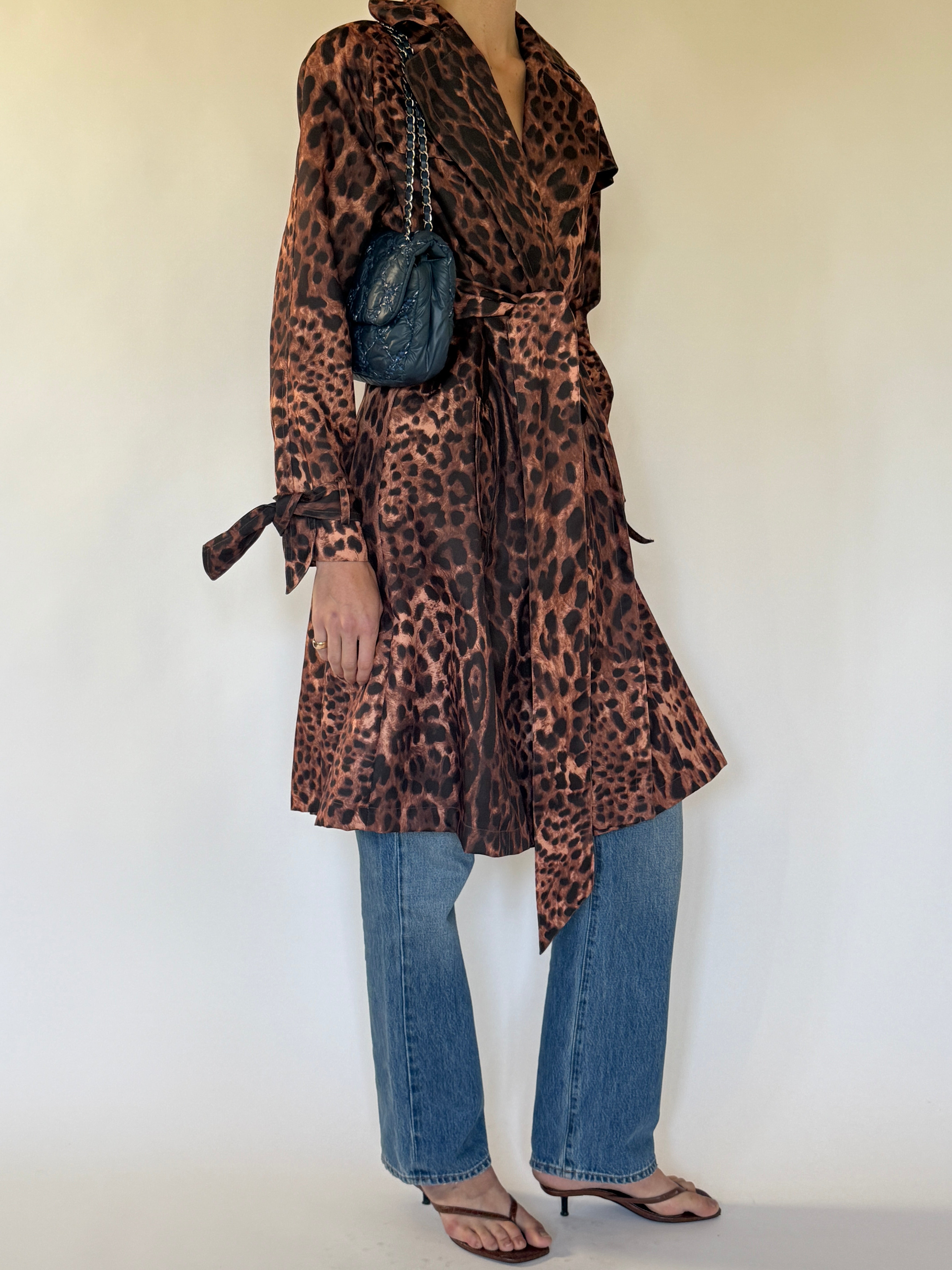 Vintage leopard print trench coat brown waist belt knot detail