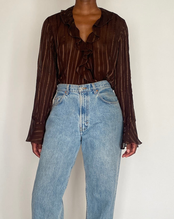 VINTAGE RUFFLED BROWN BLOUSE 4082