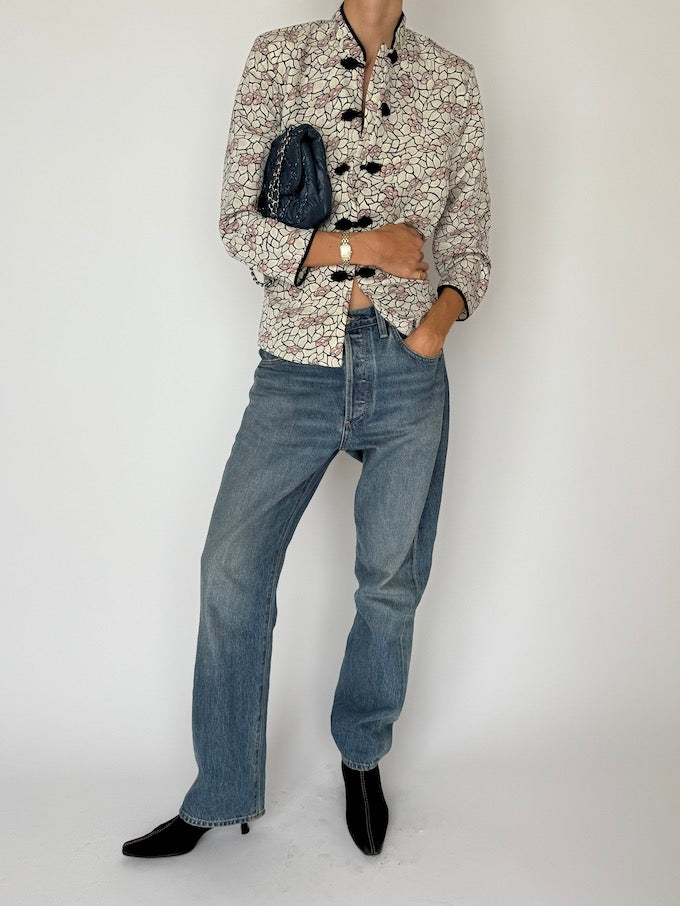 Vintage Flora Brocade Blouse with Knot Buttons