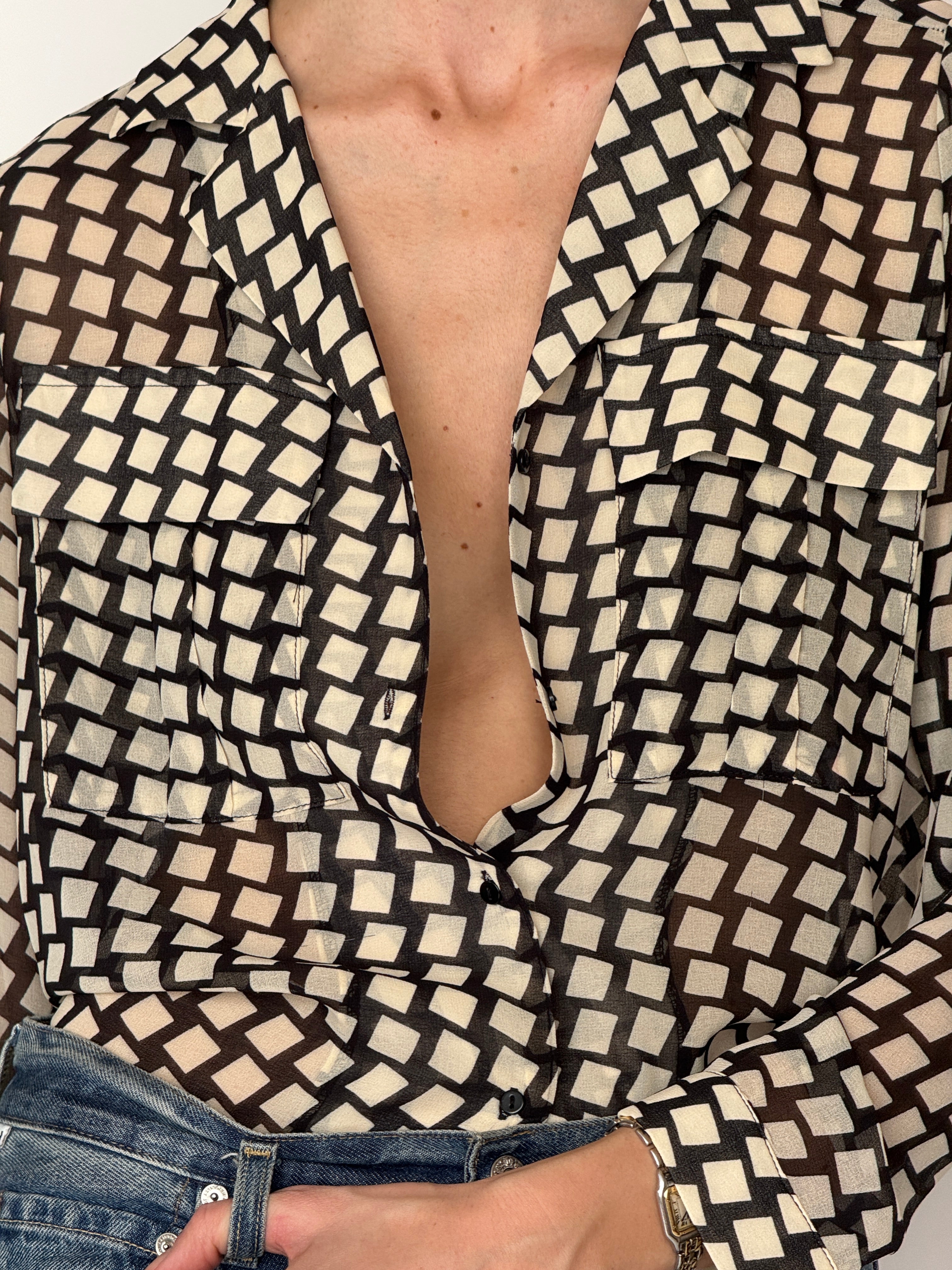 Vintage black and cream geometric sheer blouse fabric detail