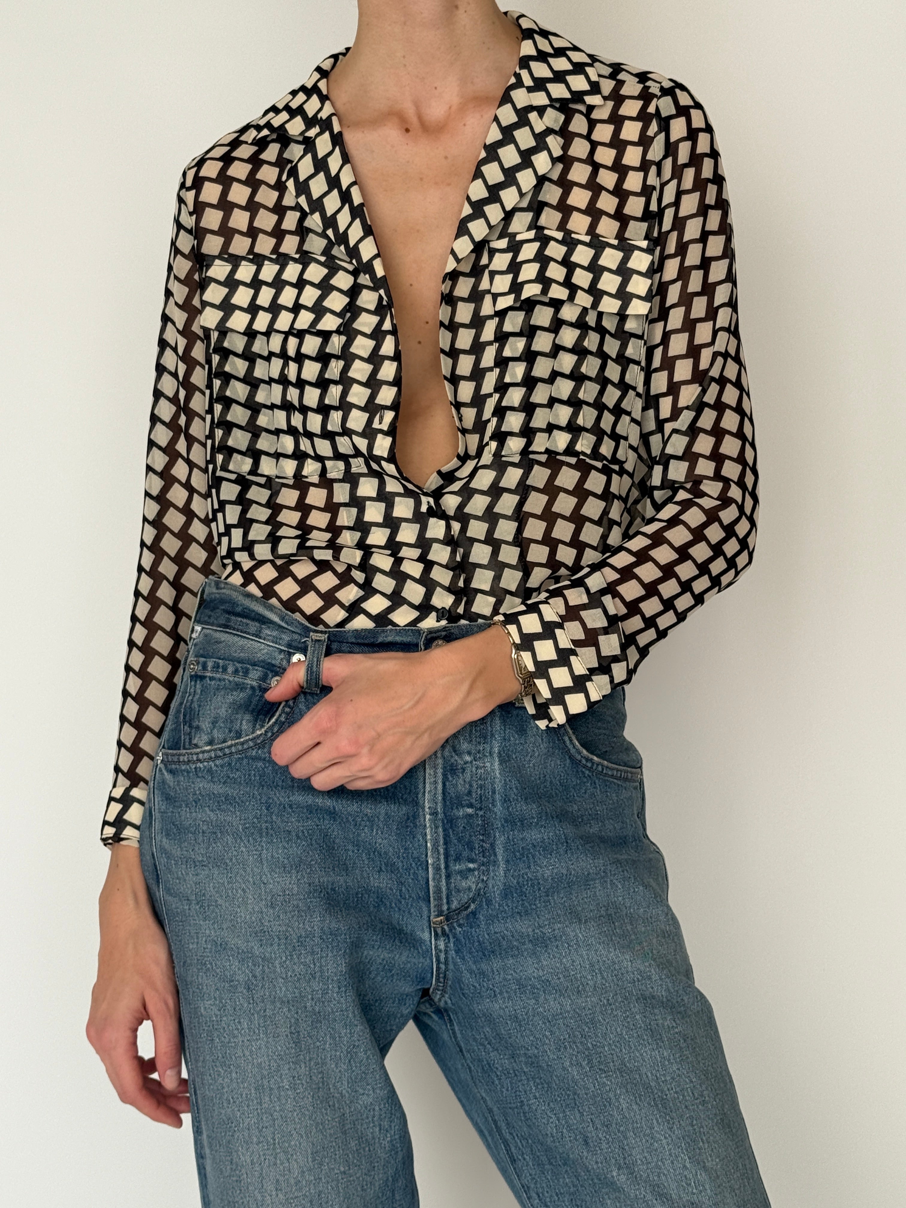 Vintage black and cream geometric sheer blouse fabric detail