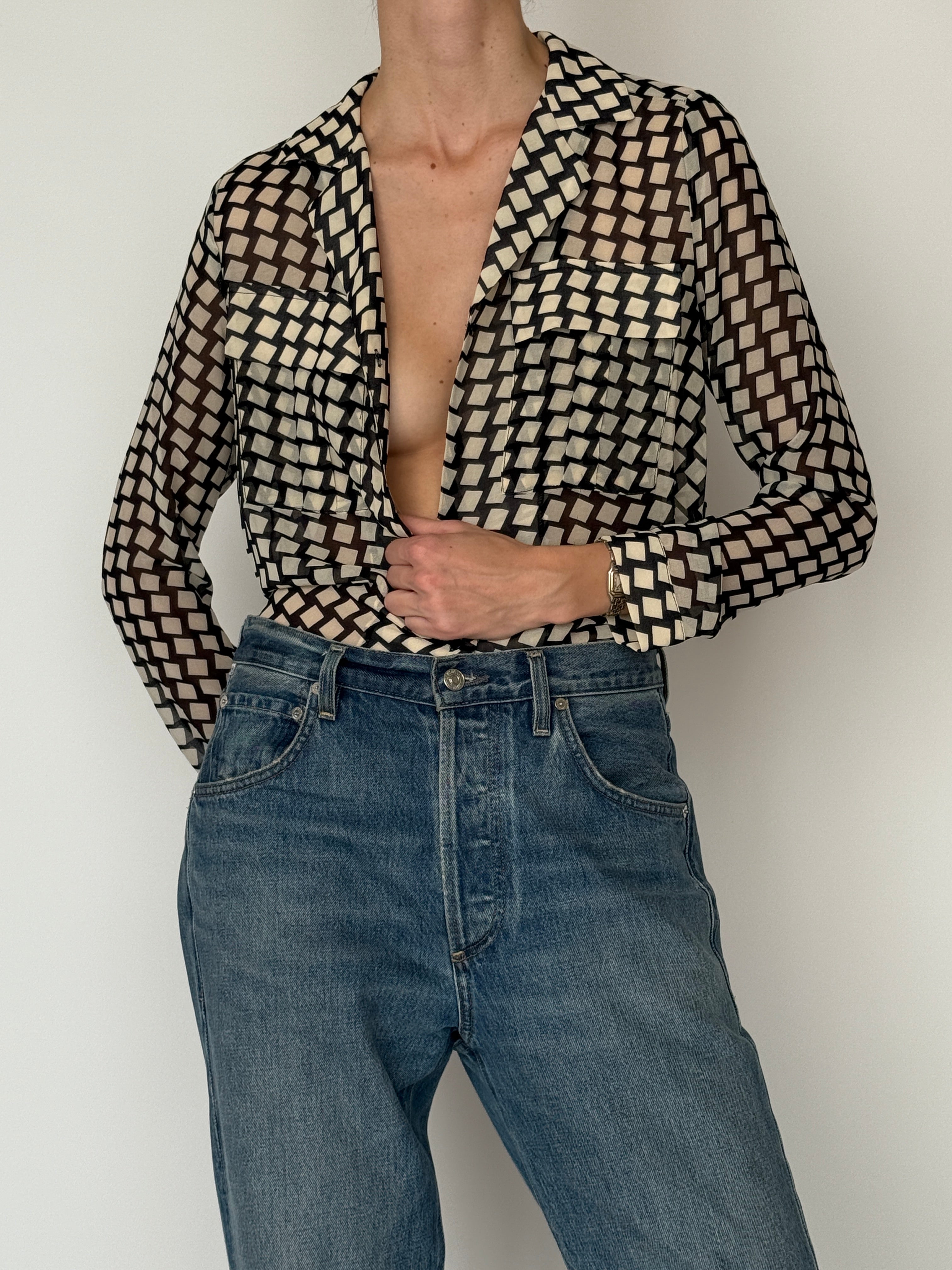 Vintage black and cream geometric sheer blouse front view