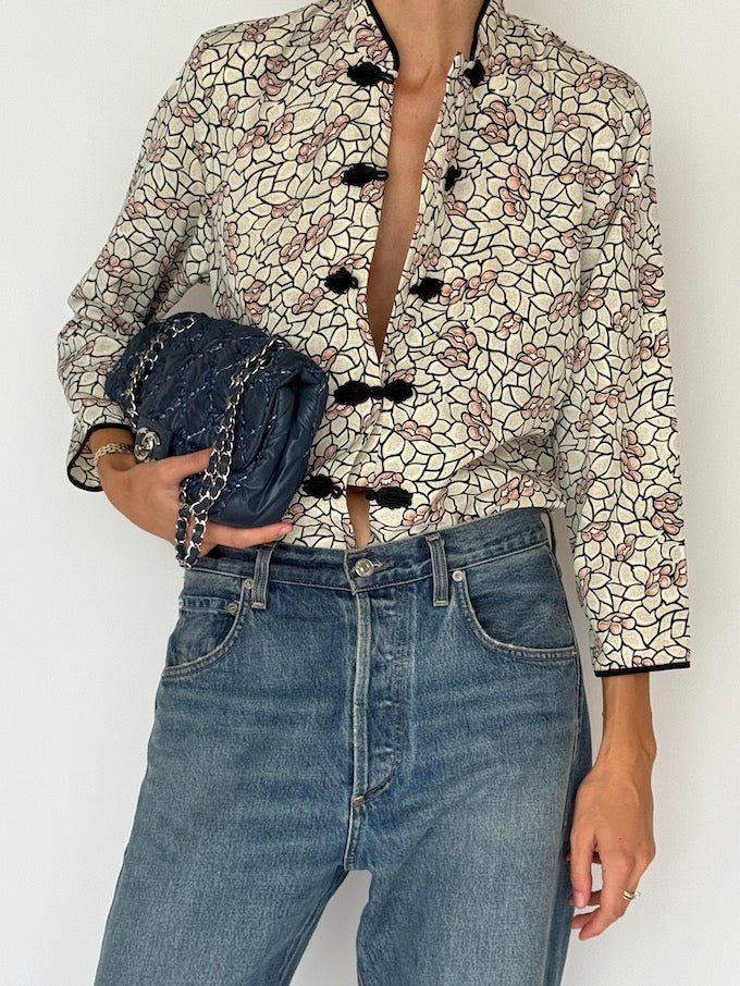 Vintage Flora Brocade Blouse with Knot Buttons