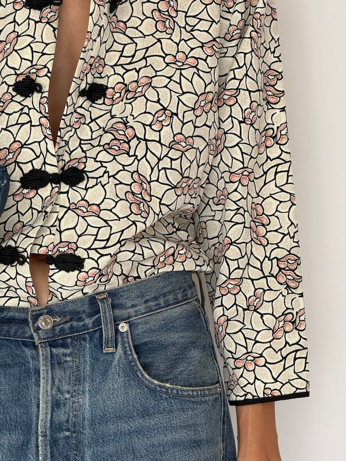 Vintage Flora Brocade Blouse with Knot Buttons