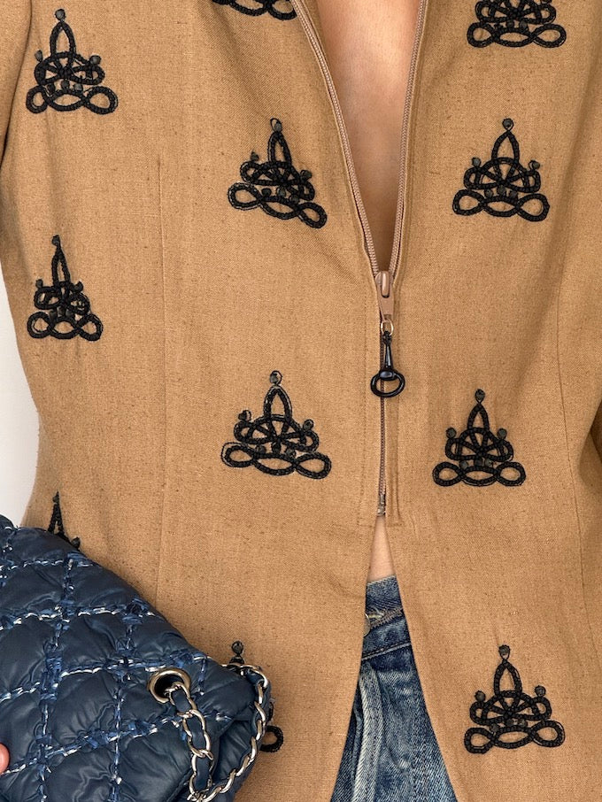 Vintage 100% Silk Jacket in Tan with Black Embroidered Knotwork 6516