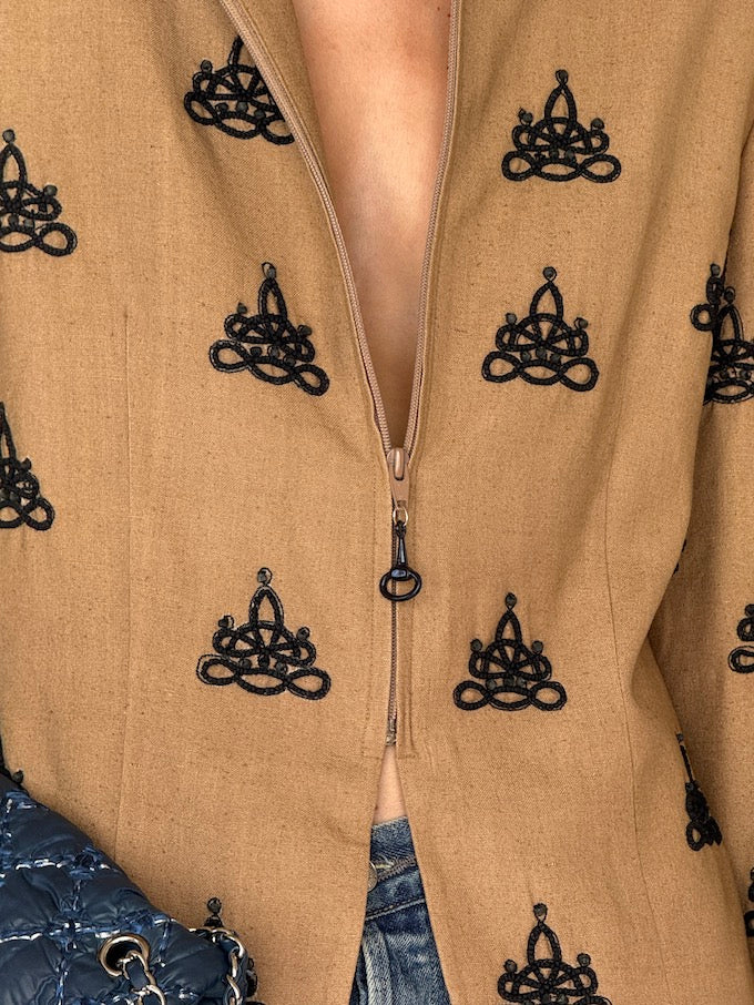 Vintage 100% Silk Jacket in Tan with Black Embroidered Knotwork 6516