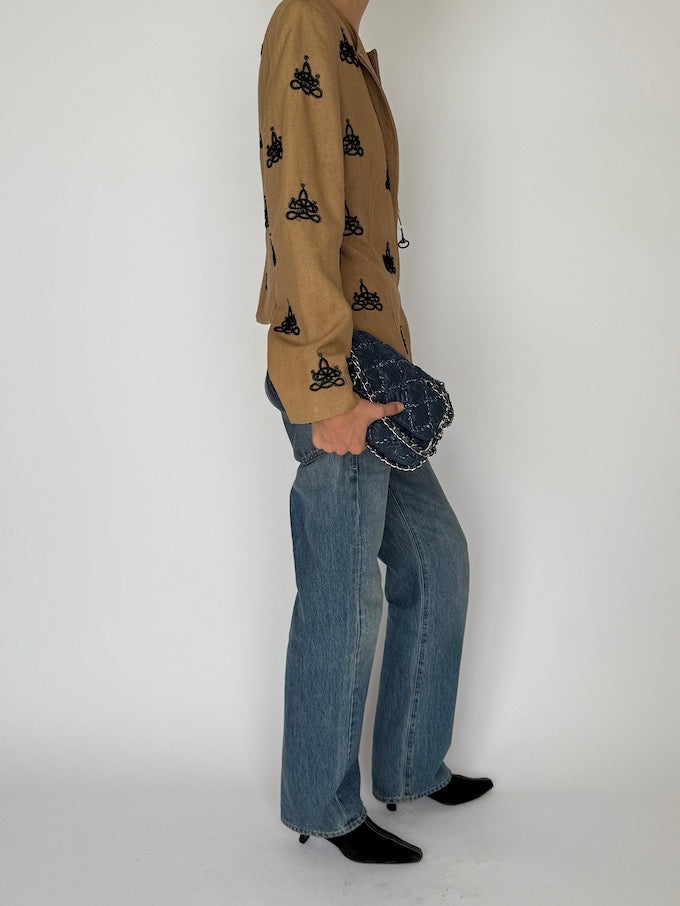 Vintage 100% Silk Jacket in Tan with Black Embroidered Knotwork 6516
