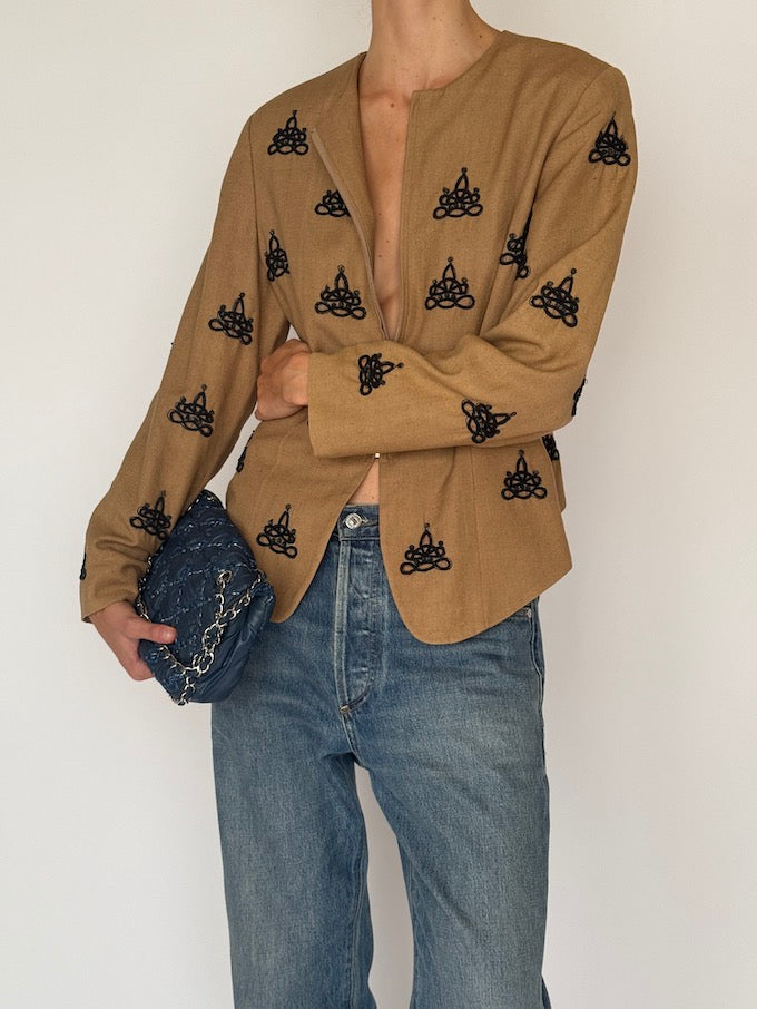 Vintage 100% Silk Jacket in Tan with Black Embroidered Knotwork 6516