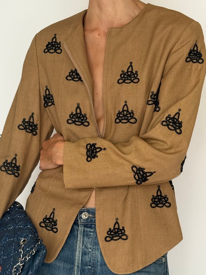 Vintage 100% Silk Jacket in Tan with Black Embroidered Knotwork 6516
