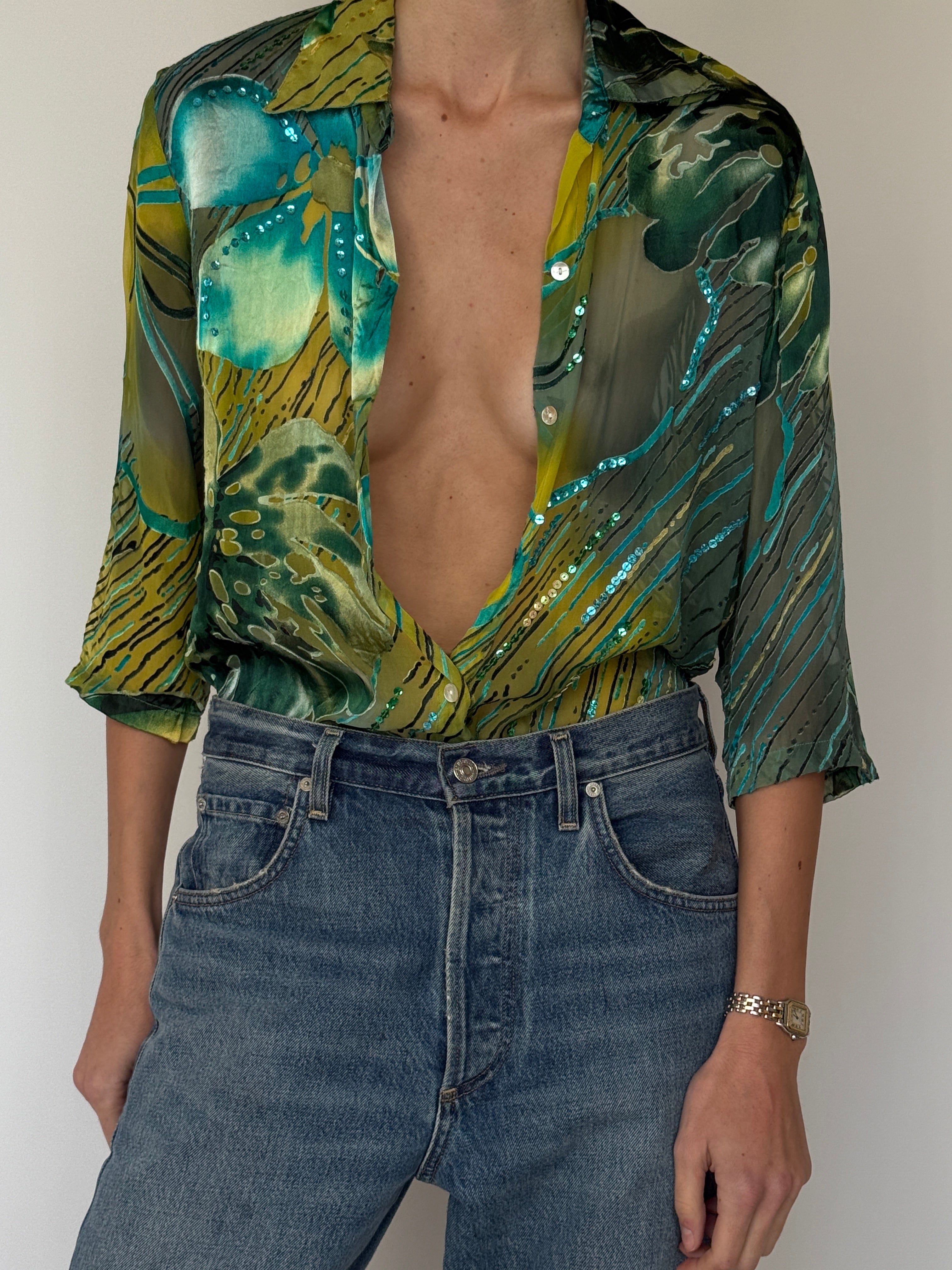 Vintage Sheer Sequin Print Blouse 7034