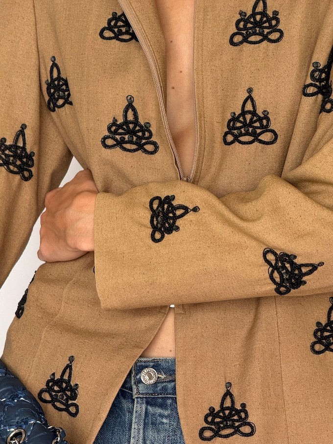 Vintage 100% Silk Jacket in Tan with Black Embroidered Knotwork 6516