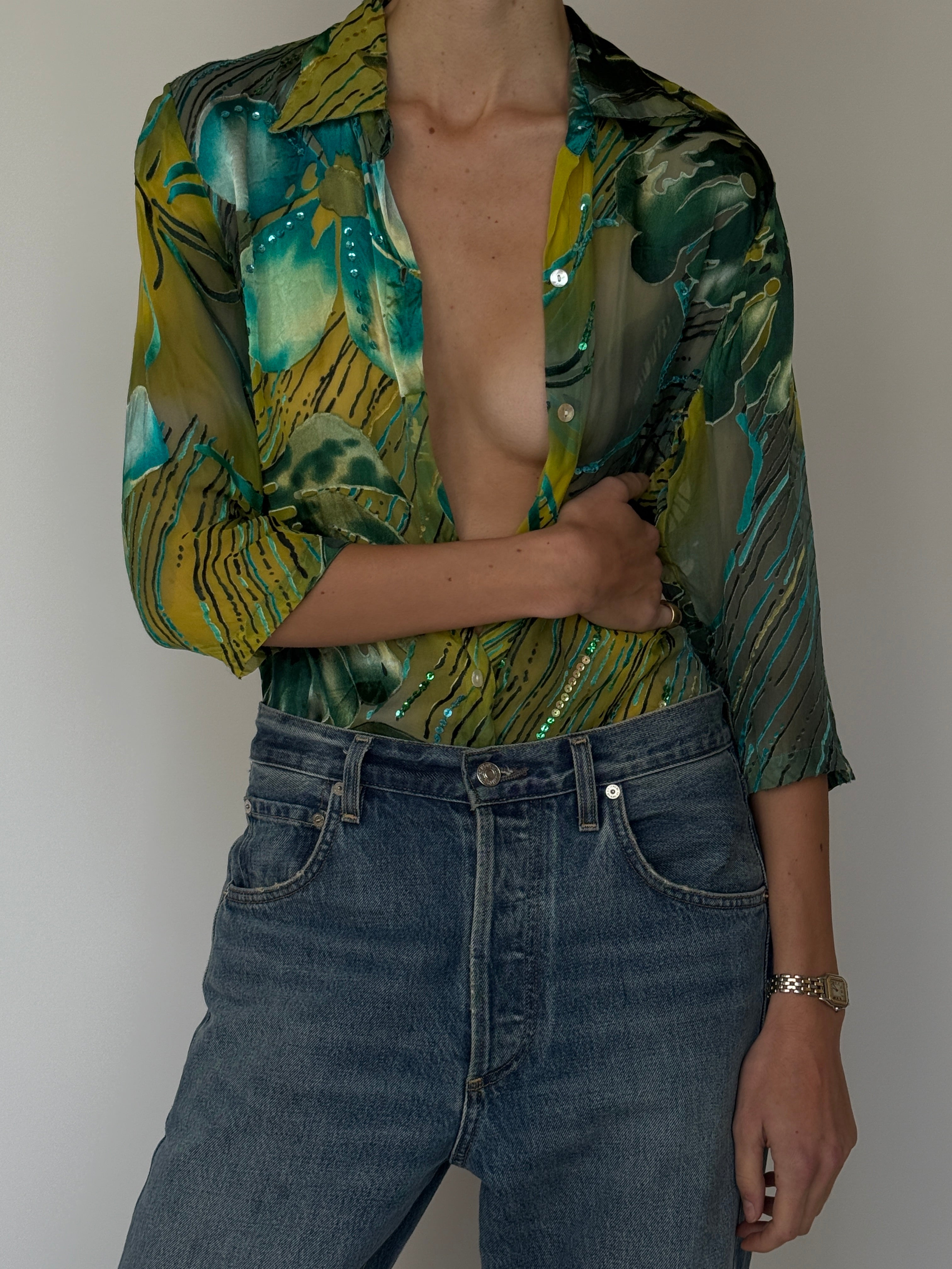 Vintage Sheer Sequin Print Blouse 7034