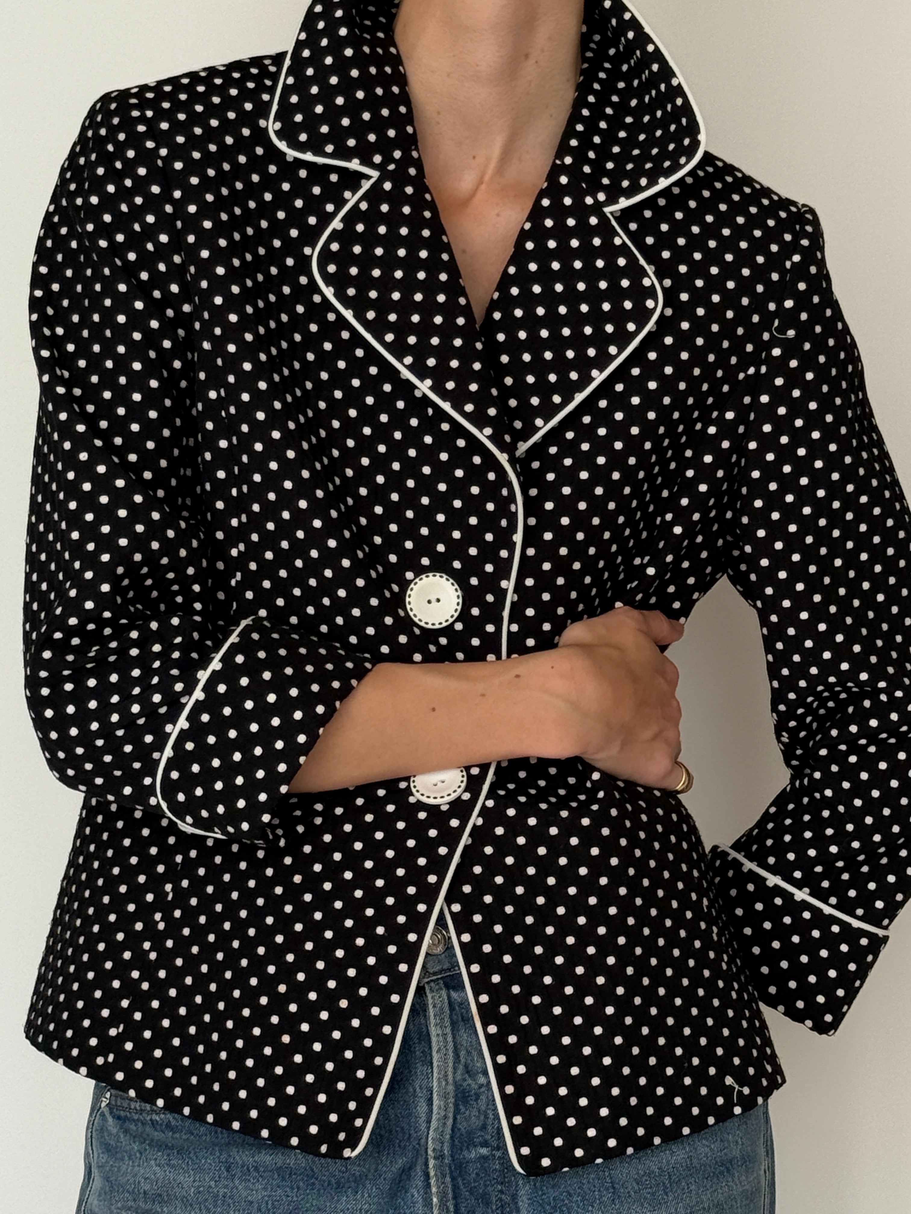 Vintage black polka dot blazer front view