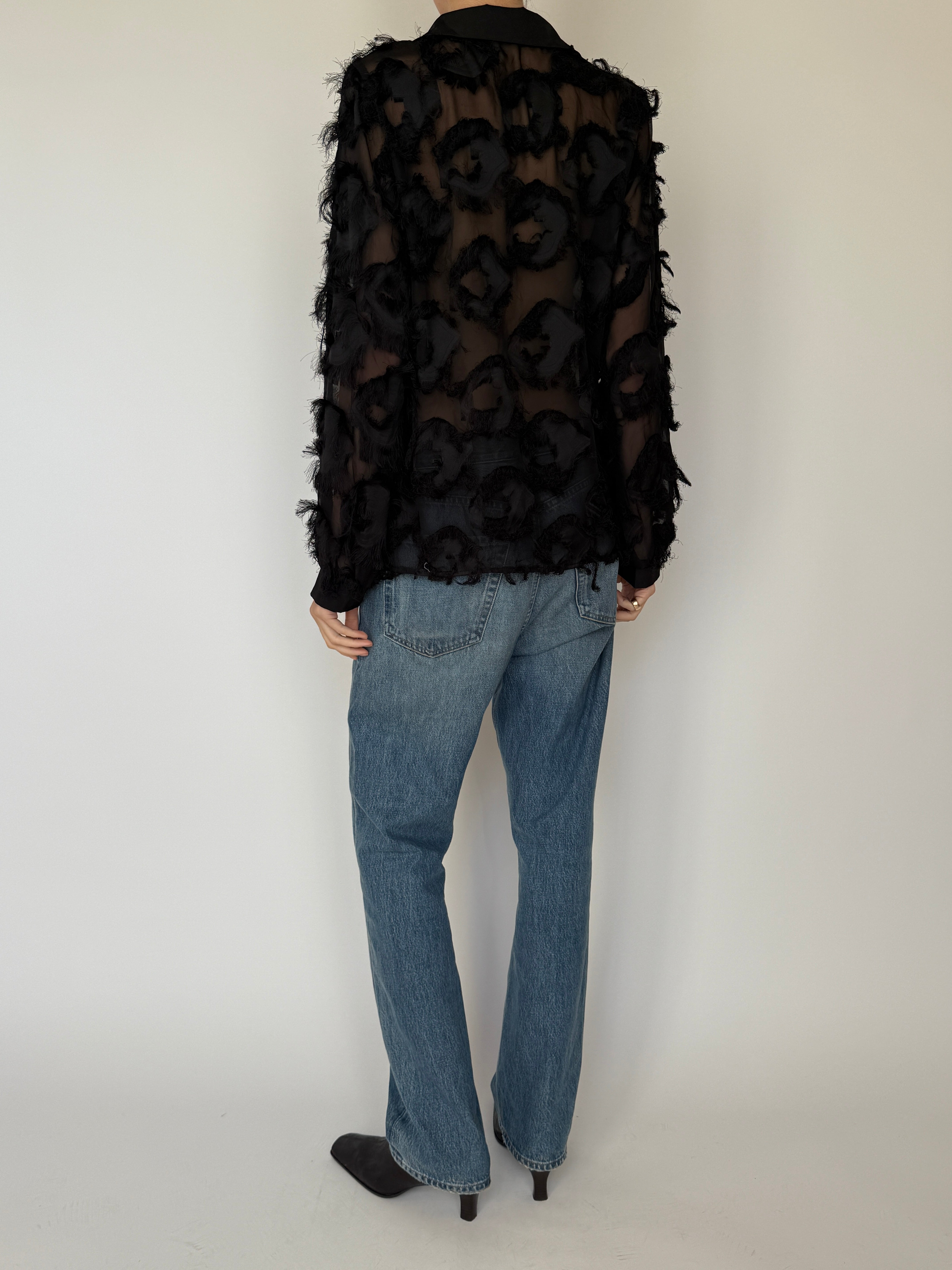 Vintage Sheer Textured Blouse Black 7035