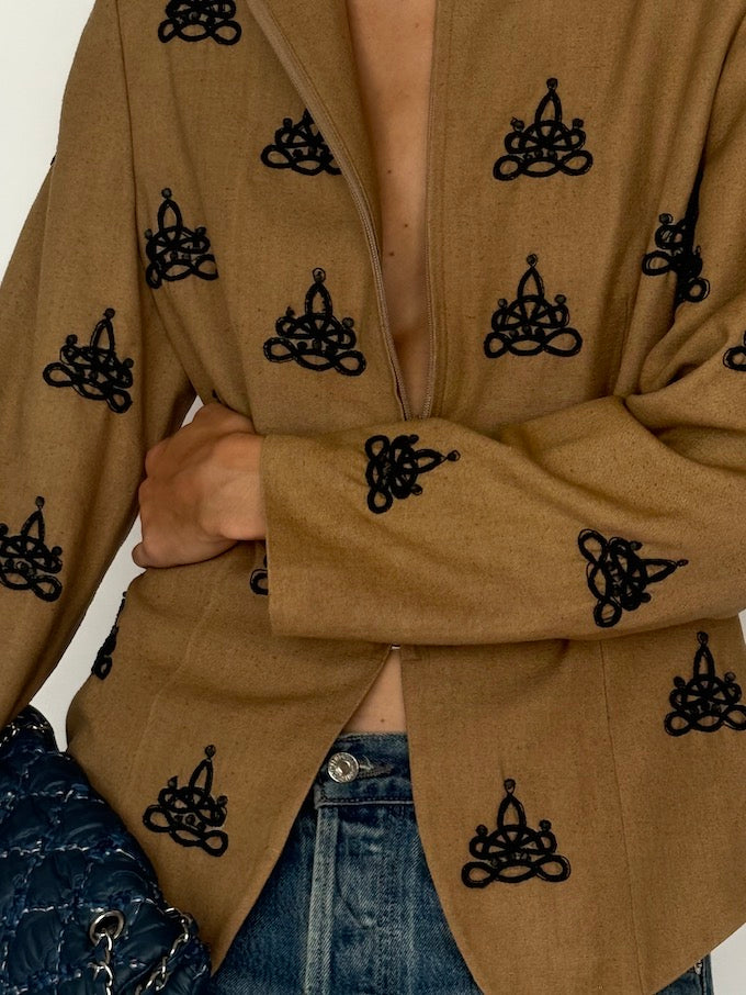 Vintage 100% Silk Jacket in Tan with Black Embroidered Knotwork 6516
